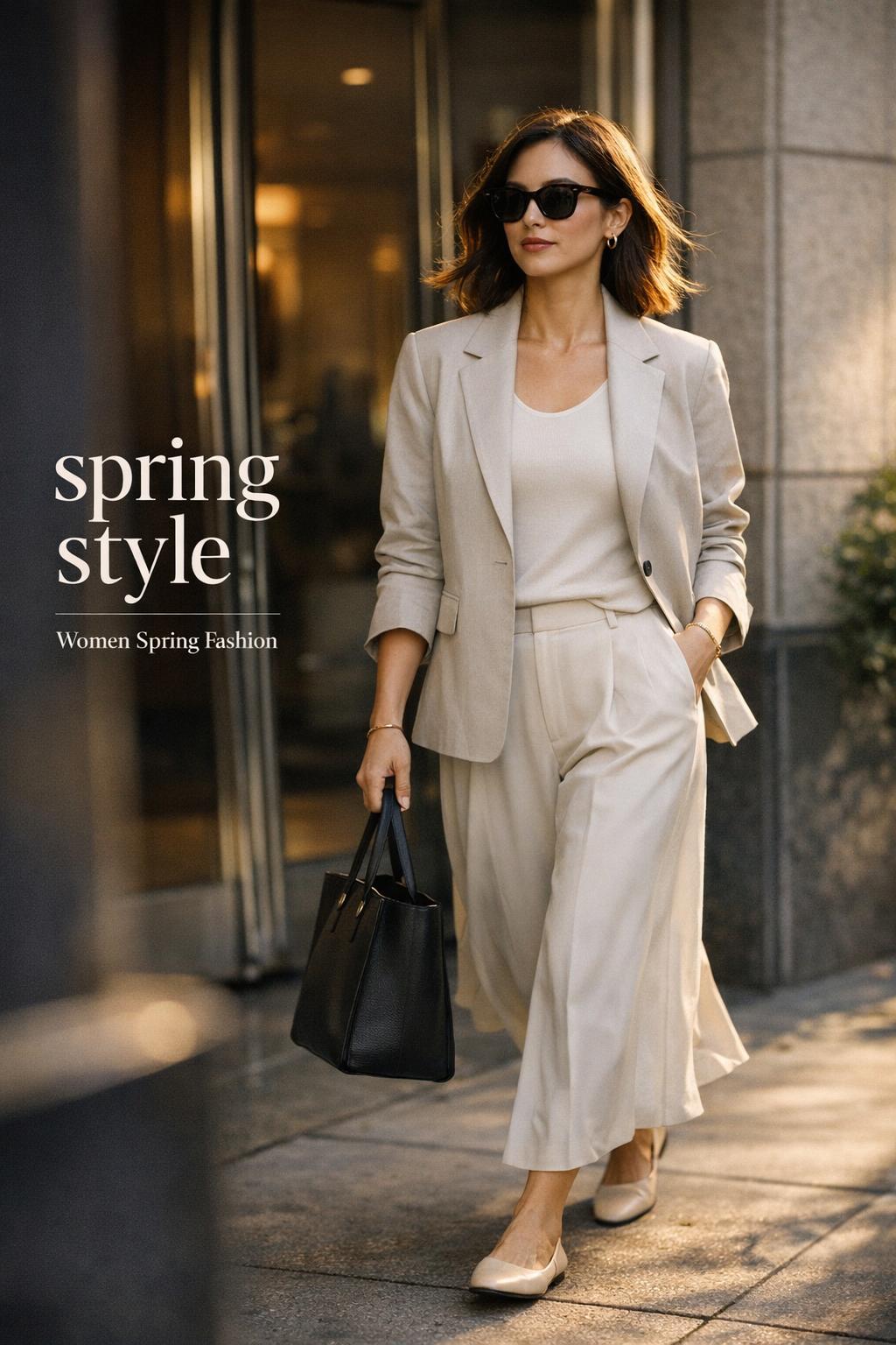 Spring style woman in beige jacket and wide-leg trousers walking out of a sunlit downtown office lobby
