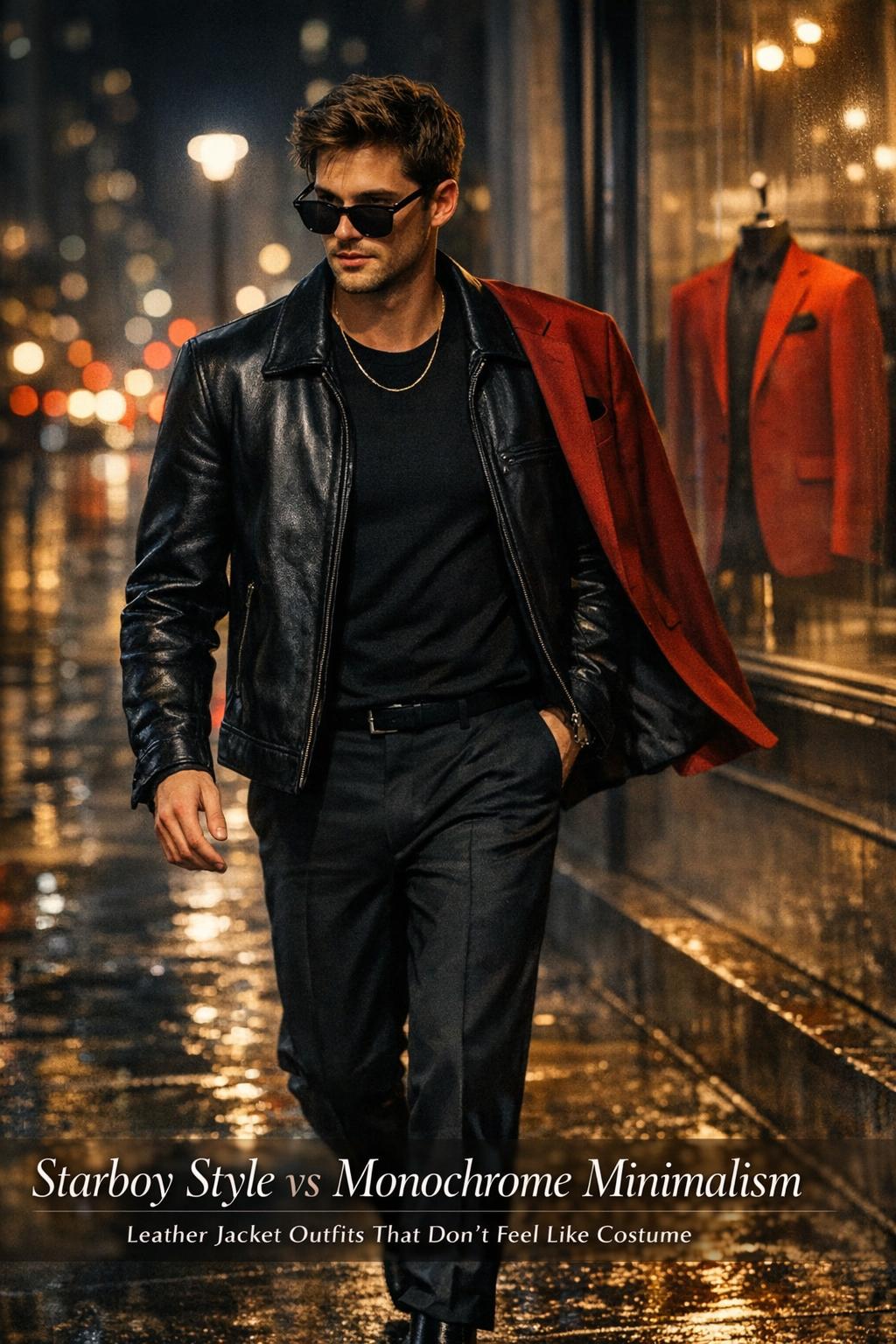 Starboy style menswear look at night on a wet city street with black leather jacket and deep-red blazer accent