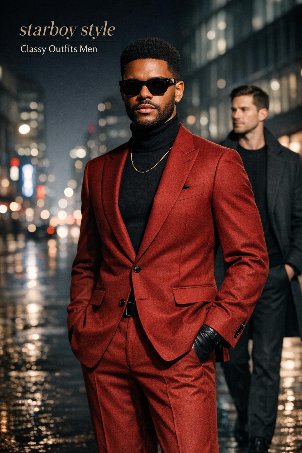 Starboy style menswear comparison on a rainy neon city street with a deep red suit and minimalist monochrome look