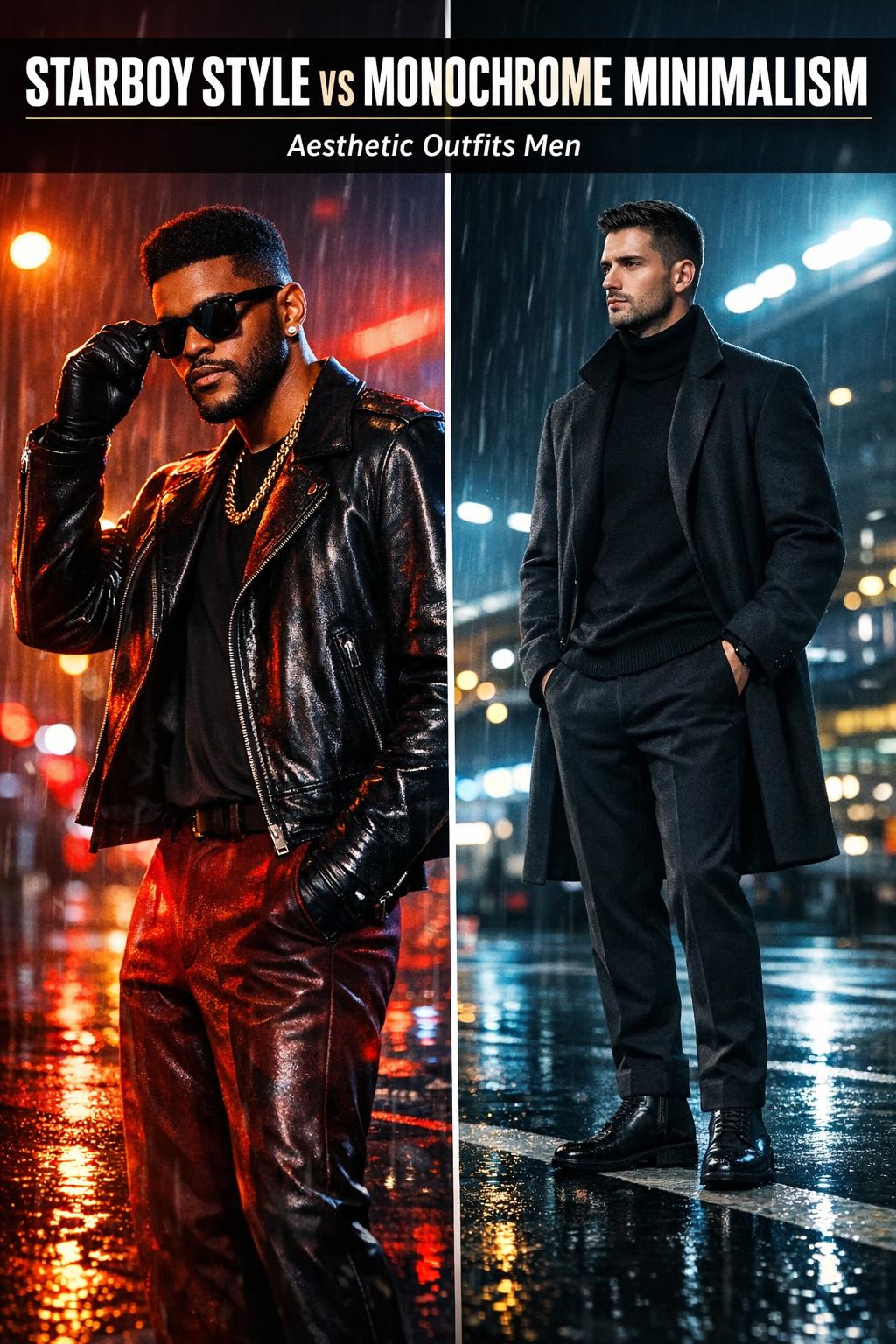 Starboy style portrait of a man in a red suit under neon city lights at night