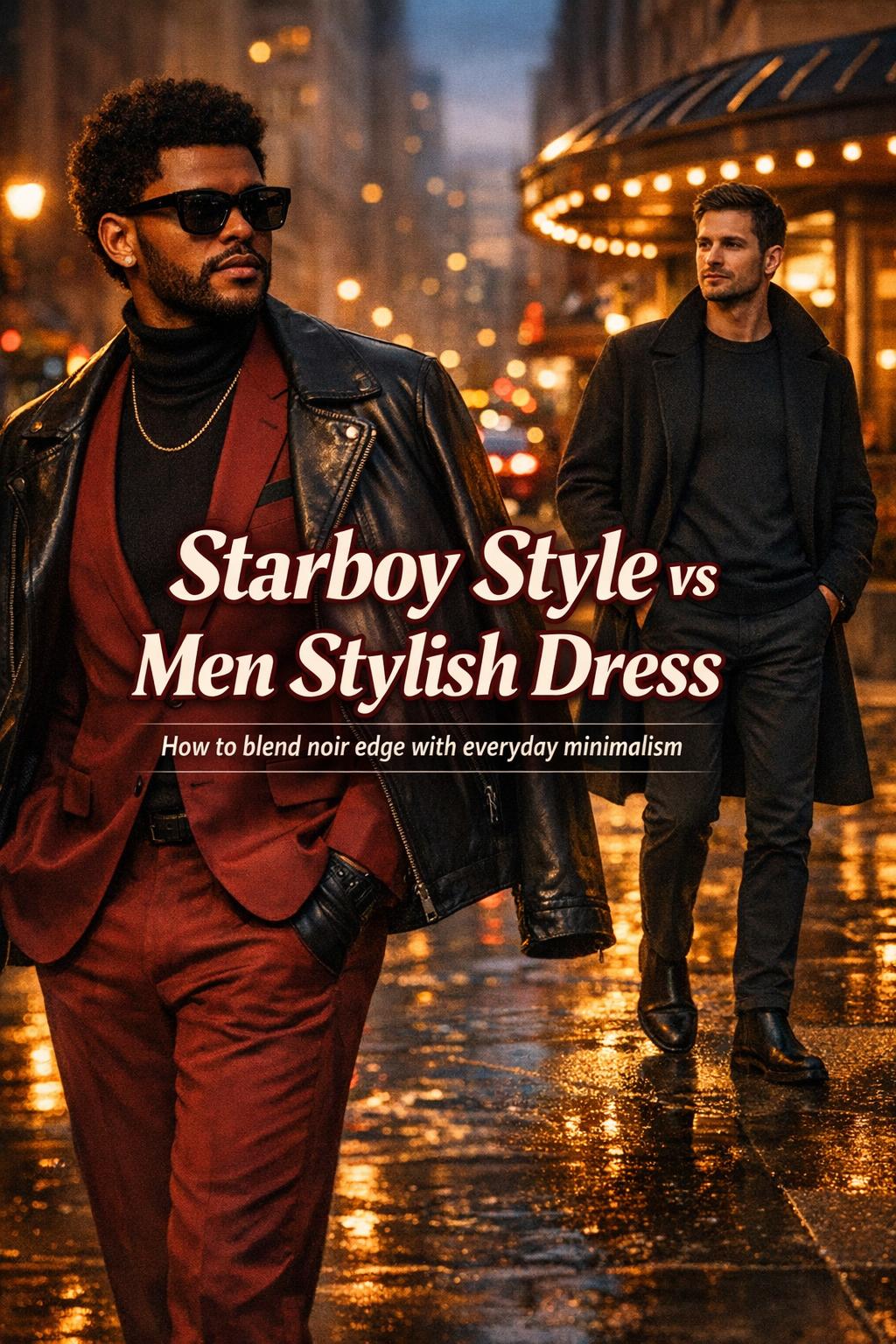 Starboy style vs men stylish dress on a wet city street at dusk, burgundy suit and monochrome minimalist outfit