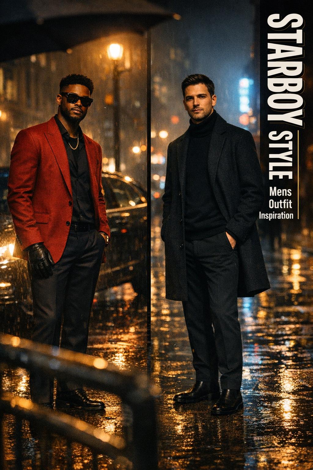 Starboy style menswear comparison on a rainy downtown street, red suit vs monochrome minimal look under streetlight