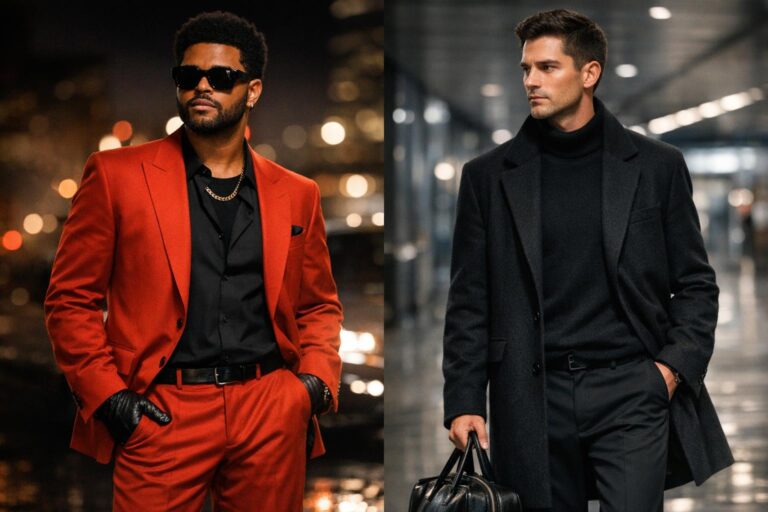 Starboy style mens outfit with red suit, black leather jacket, dark sunglasses and Chelsea boots at night