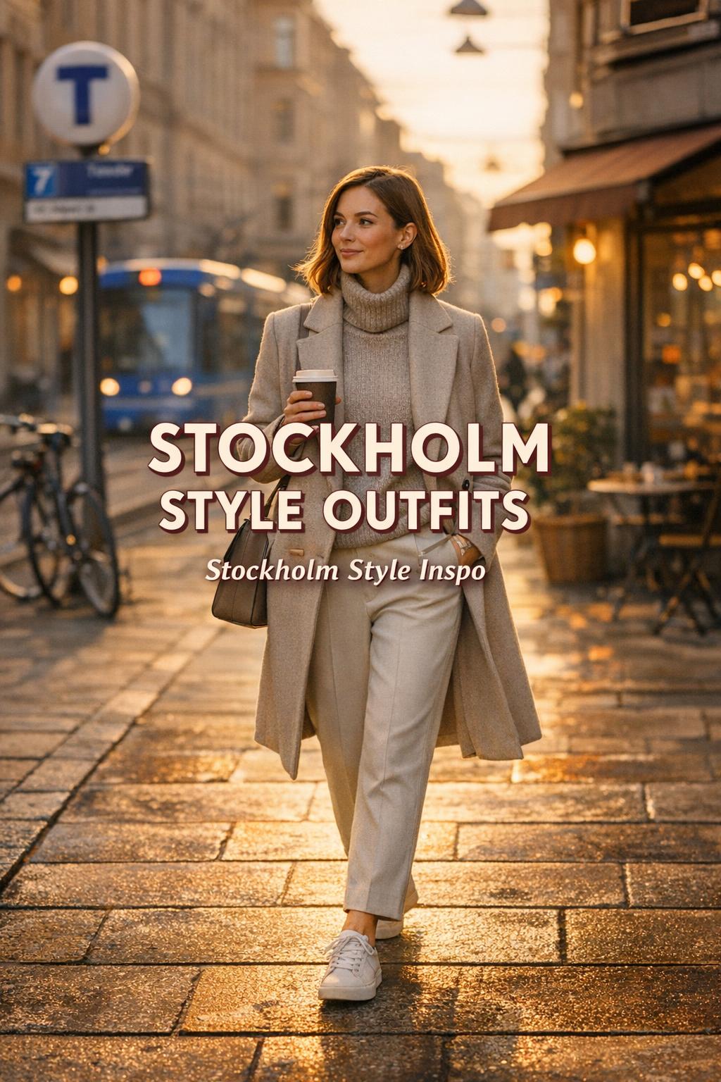 Stockholm style outfits photo of a woman commuting with coffee near a tram stop in warm golden-hour light