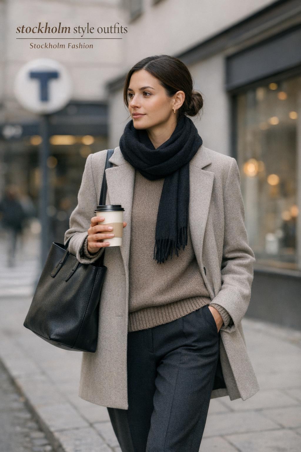 Stockholm style outfits on a stylish woman commuting in neutral layers near a metro entrance in Stockholm