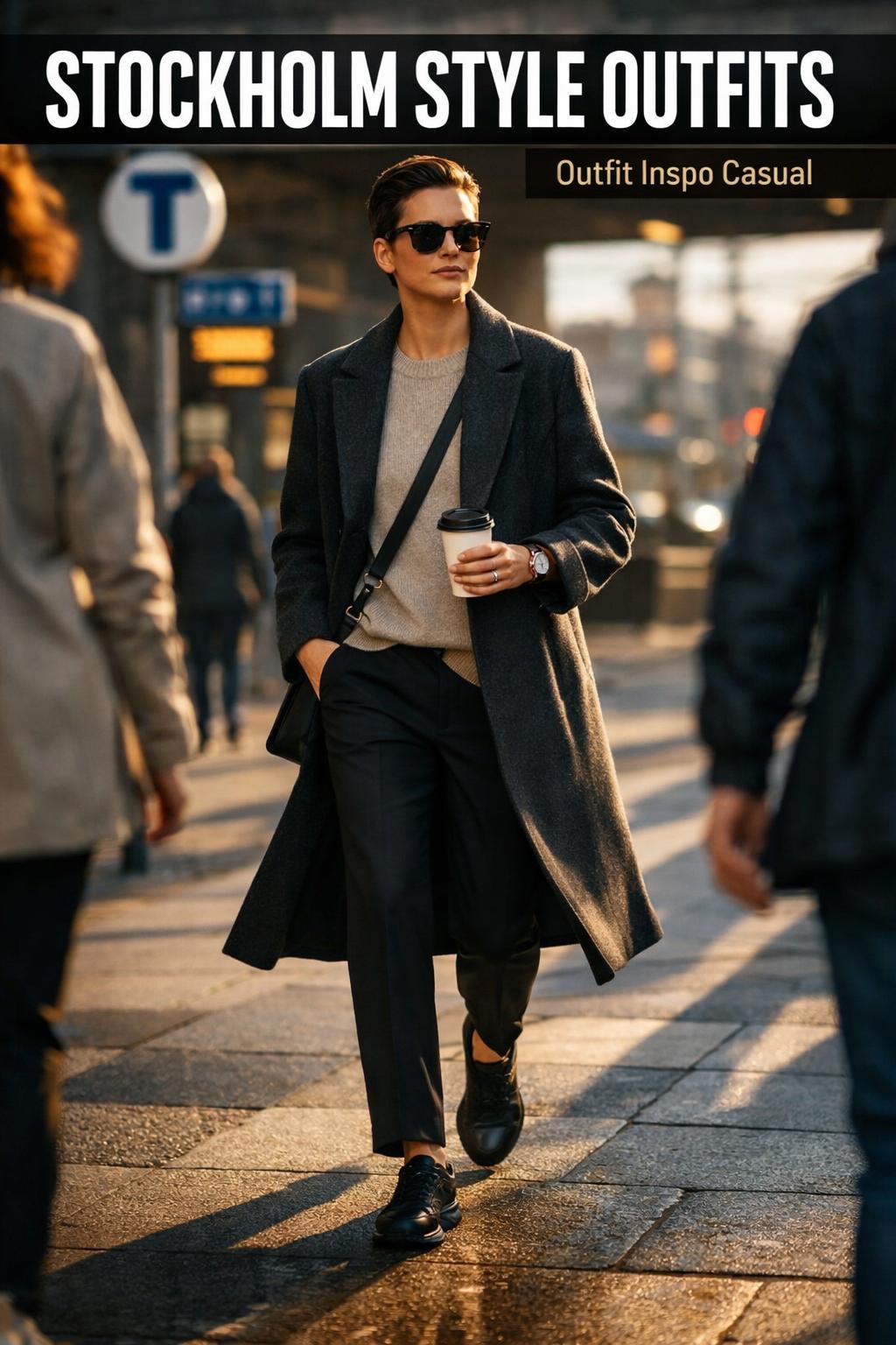 Stockholm style outfits on chic women walking a city street in neutral layers, tailored coats, and minimalist accessories