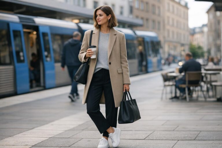 Stockholm style outfits in neutral tones with structured coat, straight trousers, and clean sneakers on a city street
