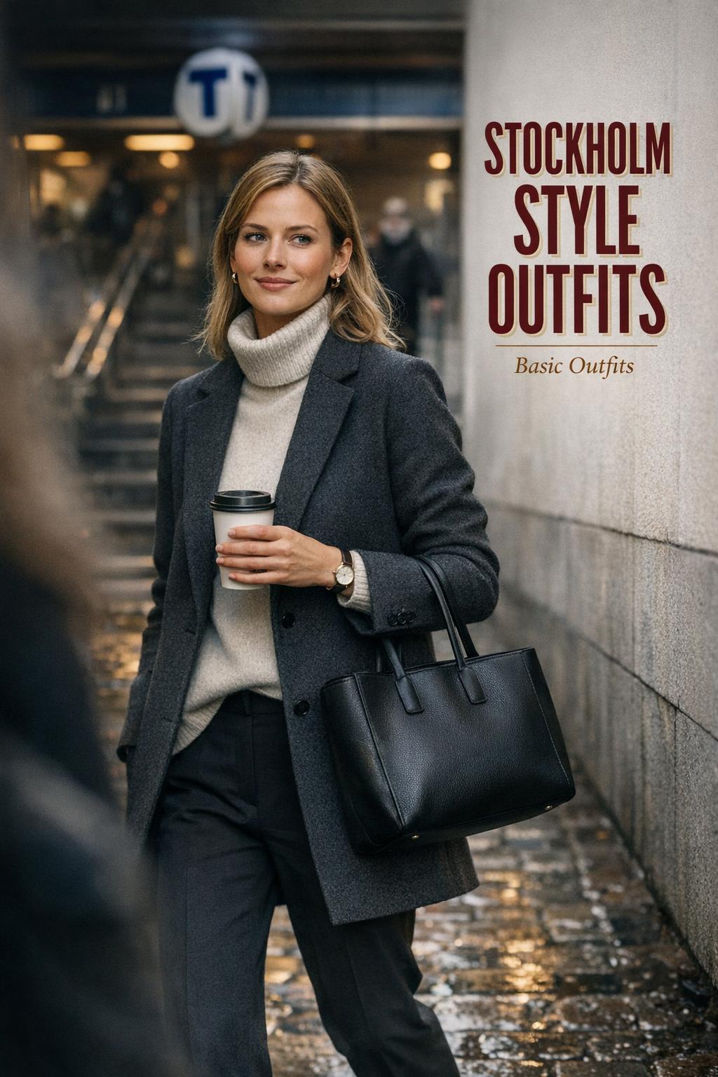 Stockholm style outfits street photo of a woman walking past a metro entrance with coffee in early autumn