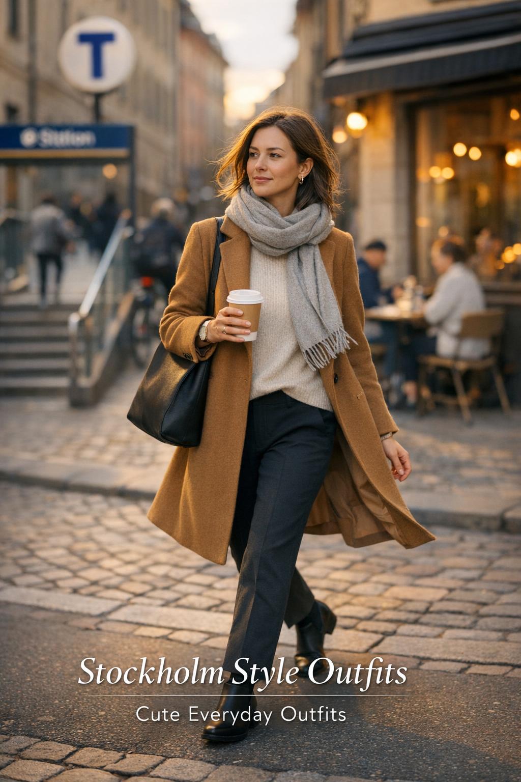 Stockholm style outfits on a cobblestone street, woman in wool coat walking near a metro entrance and cafe at golden hour