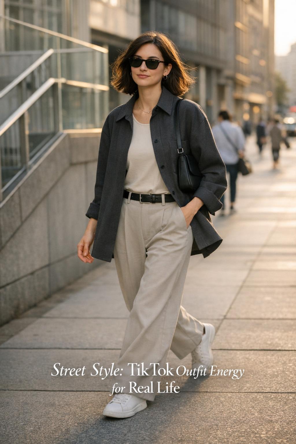 Street style commuter in charcoal overshirt and beige trousers walking by subway stairs in golden hour city light