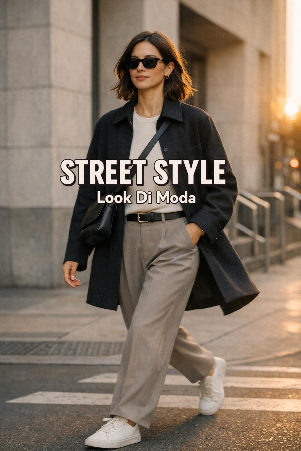 Street style commuter in layered neutral outfit walking at golden hour near modern city buildings with text overlay