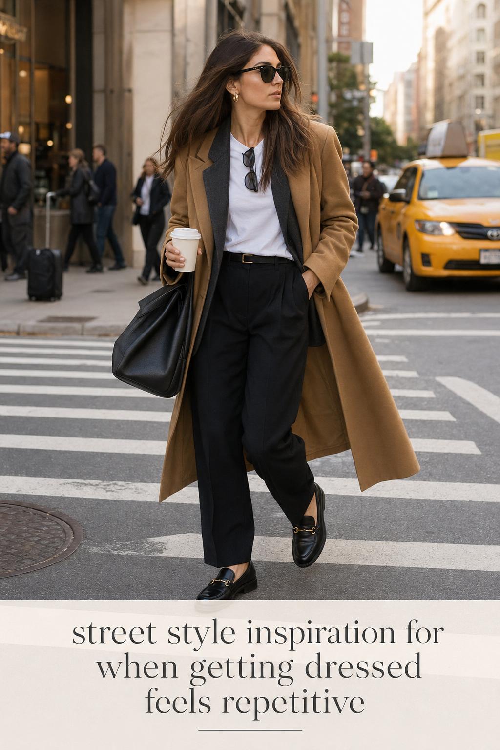 Street style inspiration: woman in camel coat and charcoal blazer striding through a city crosswalk at golden hour
