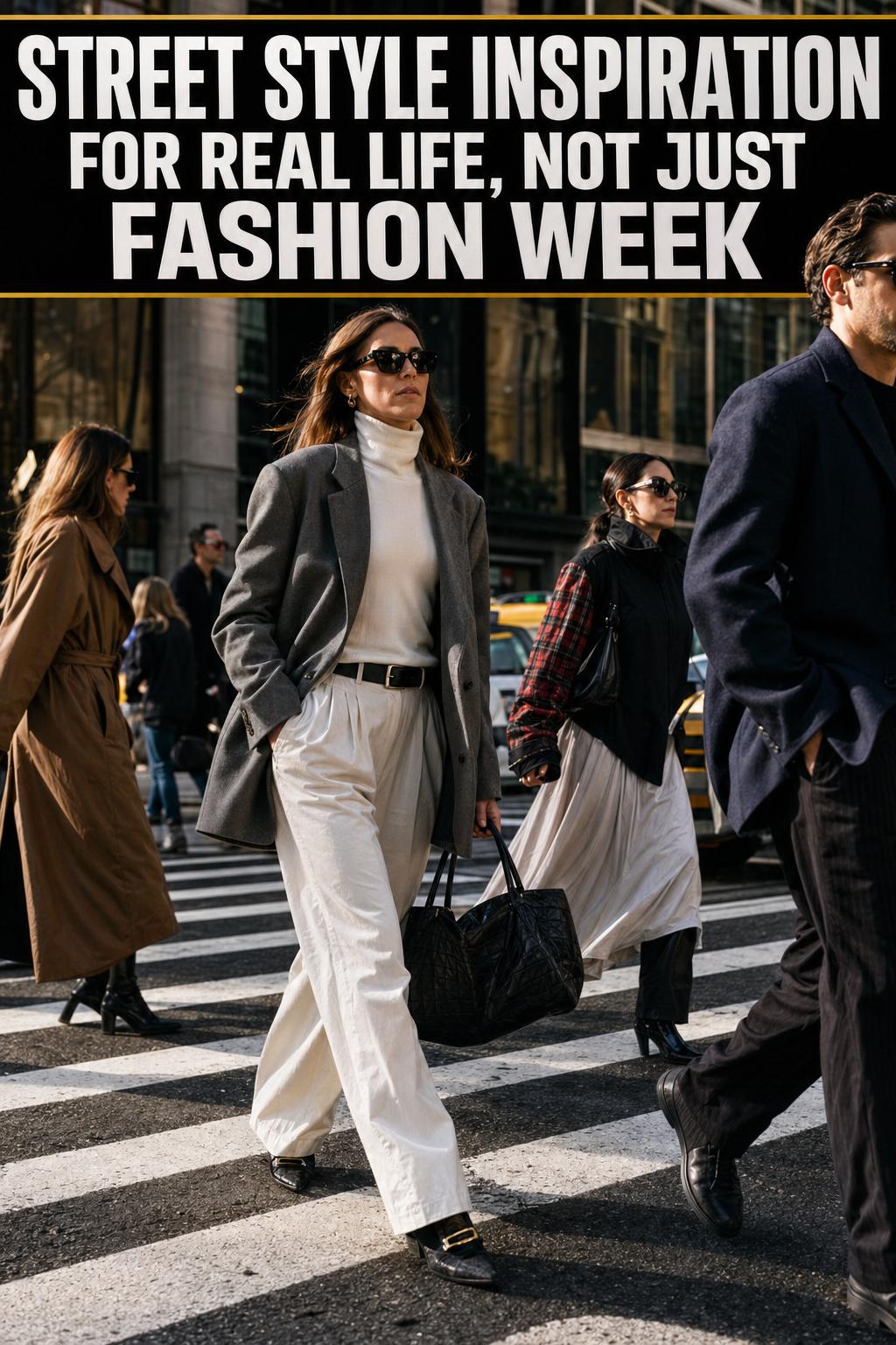Street style inspiration in a candid city scene with fashionable outfits and urban backdrop