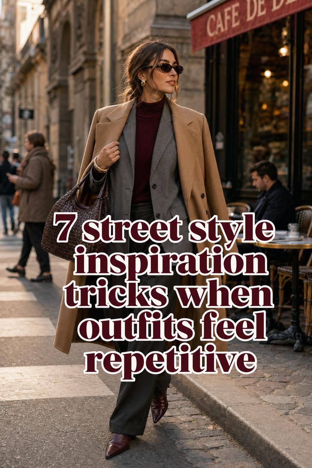 Woman walking at golden hour in city wearing camel coat and blazer, showcasing street style inspiration with caption overlay