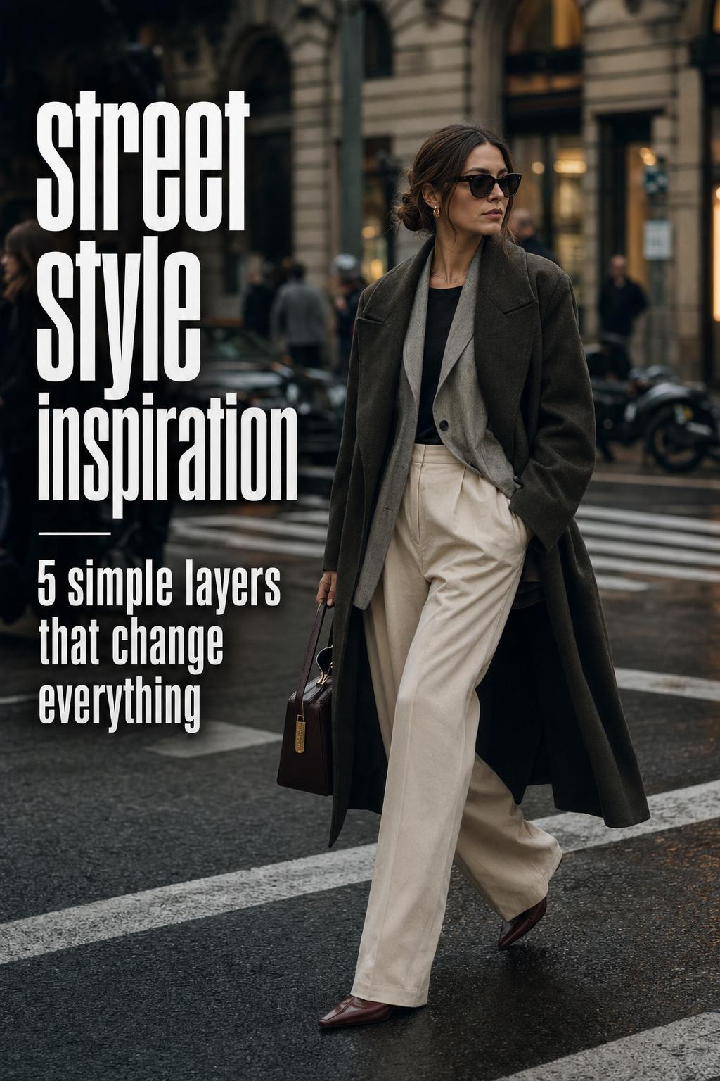 Street style inspiration photo of a model crossing a city street in a wool coat, blazer, relaxed trousers and statement shoes