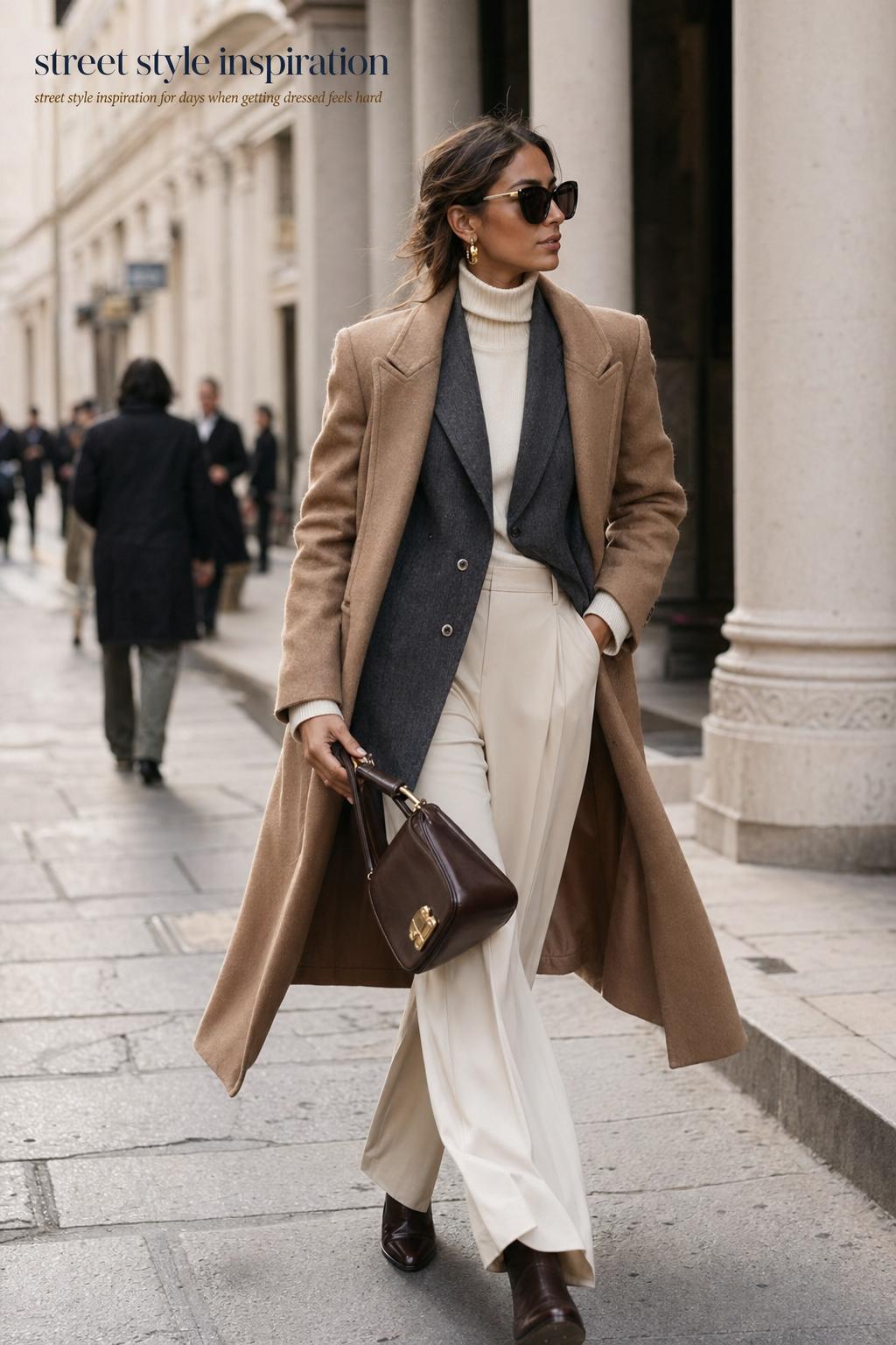 Street style inspiration photo of a woman in a camel coat and tailored trousers walking on a city street in soft daylight.