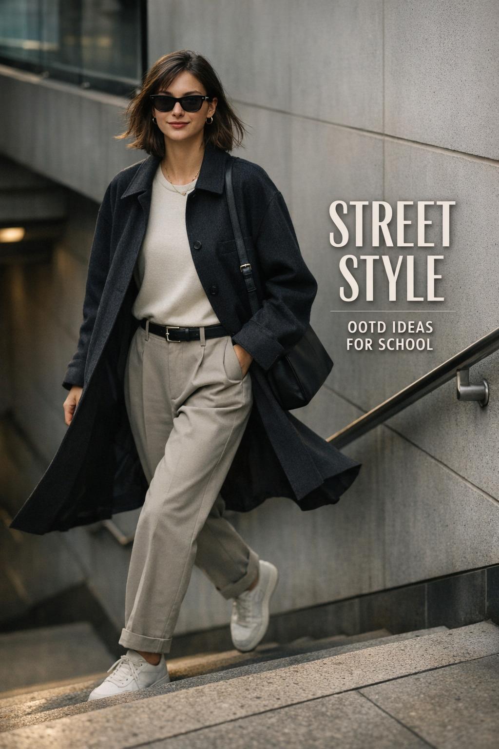 Street style look on subway stairs, young adult in charcoal coat and taupe trousers with sunglasses, walking in city light