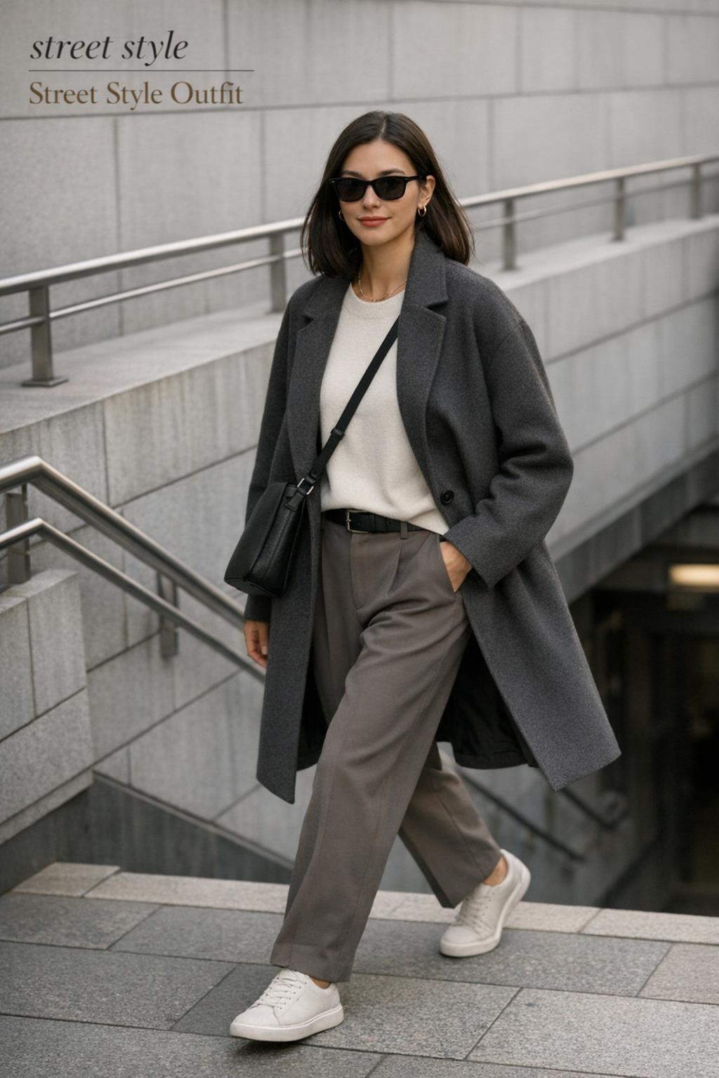 Street style outfit on modern subway entrance, young adult walking in tonal neutral layers with sleek eyewear