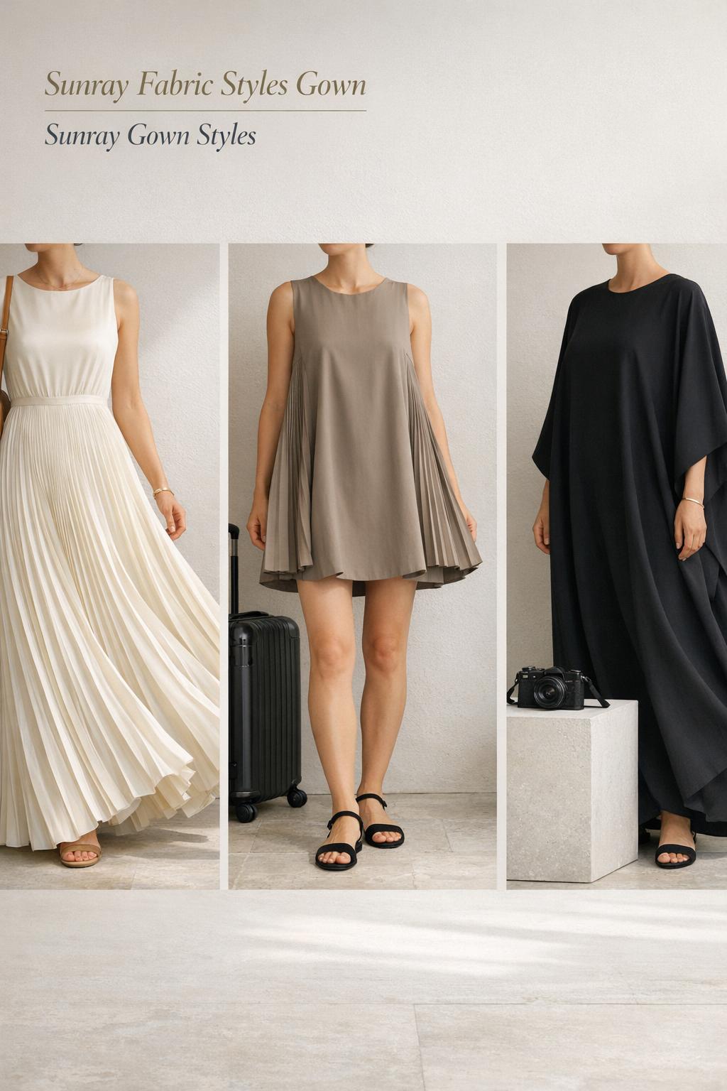 Sunray fabric styles gown editorial photo featuring pleated champagne, taupe short dress, and navy boubou in a minimalist studio