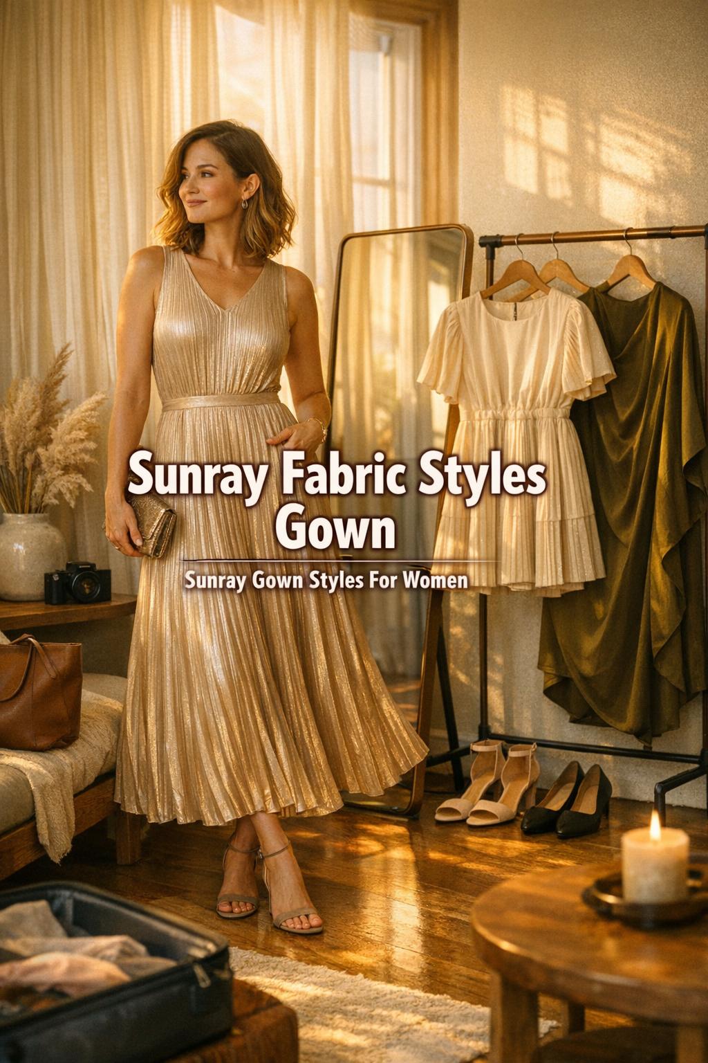Stylish woman by window comparing dresses, featuring a sunray fabric styles gown with pleated silhouettes on a rack