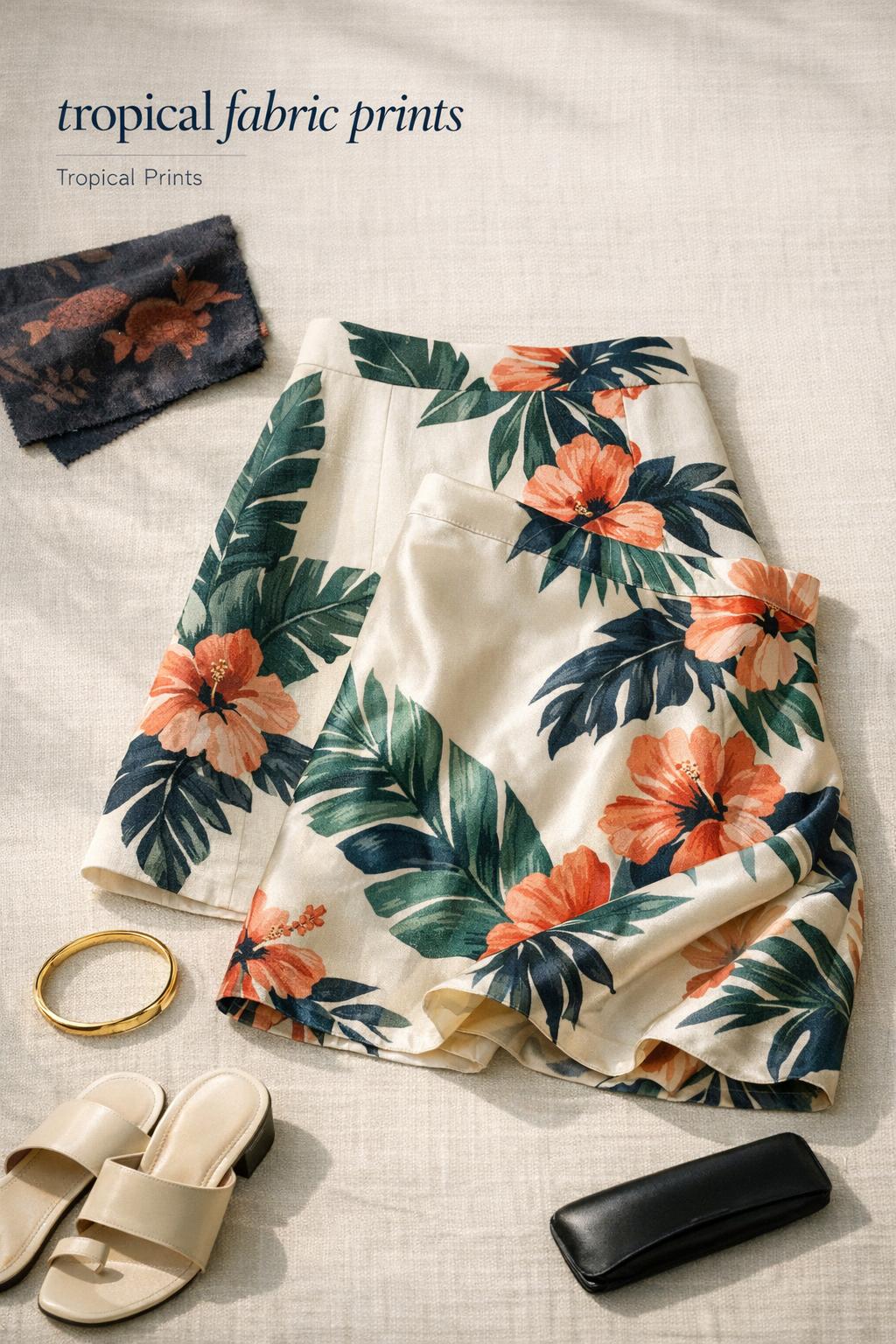 Editorial flat lay of tropical fabric prints on linen with cotton and satin skirts, gold bangle and ivory sandals