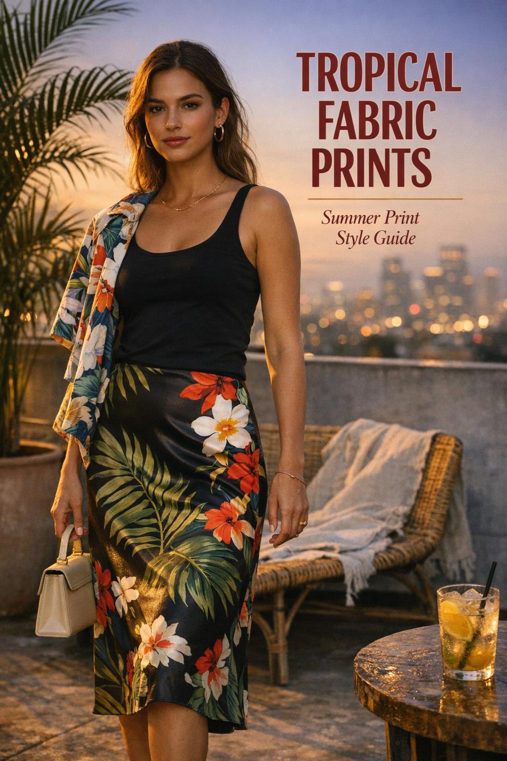 Woman on a golden-hour rooftop wearing tropical fabric prints slip skirt with palm leaves, city skyline bokeh and title text