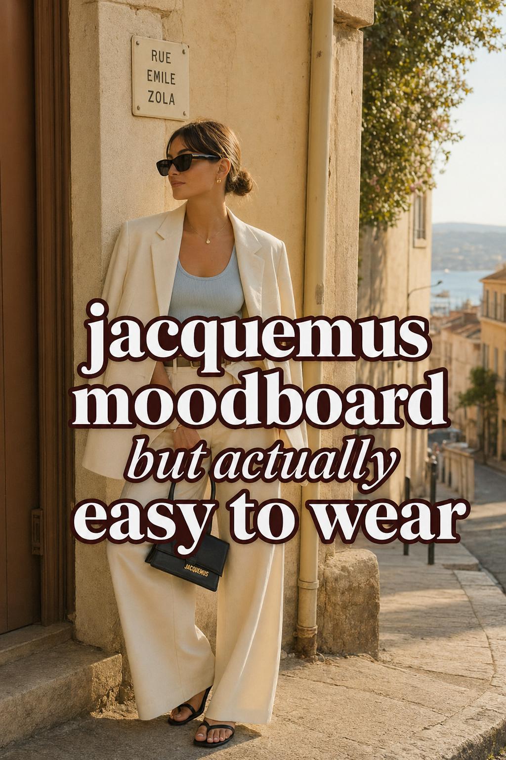 Stylish woman in a sunlit Mediterranean street wearing a wearable jacquemus moodboard outfit with cream trousers and blazer