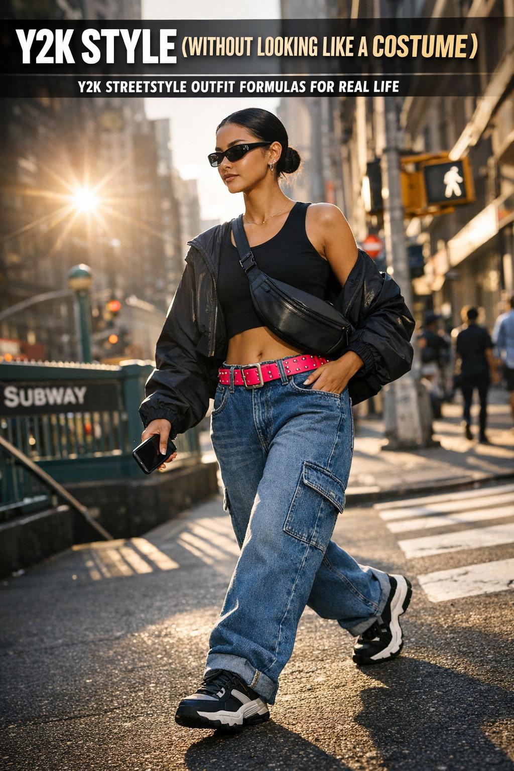 Y2K style portrait with glossy makeup, metallic outfit, and neon city lights