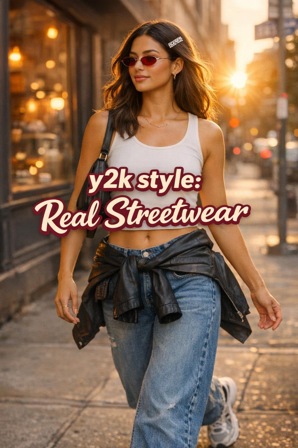 y2k style streetwear outfit on a young woman walking past a coffee shop window in warm golden-hour city light