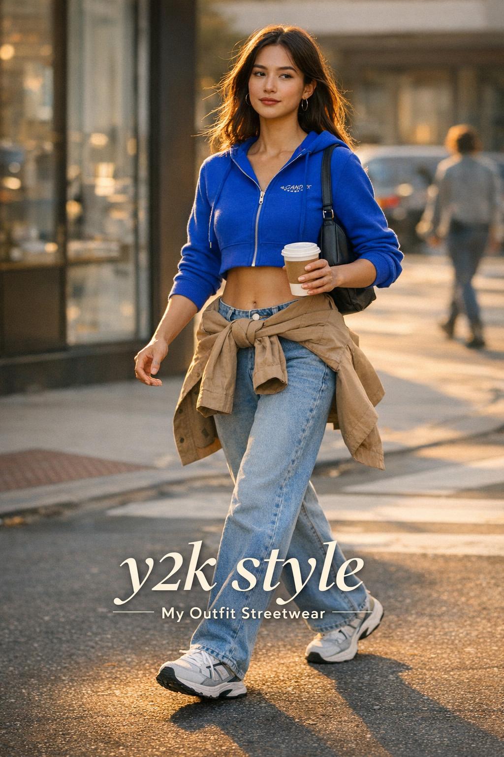y2k style streetwear outfit on a woman walking at golden hour in the city, cobalt cropped hoodie and wide-leg jeans