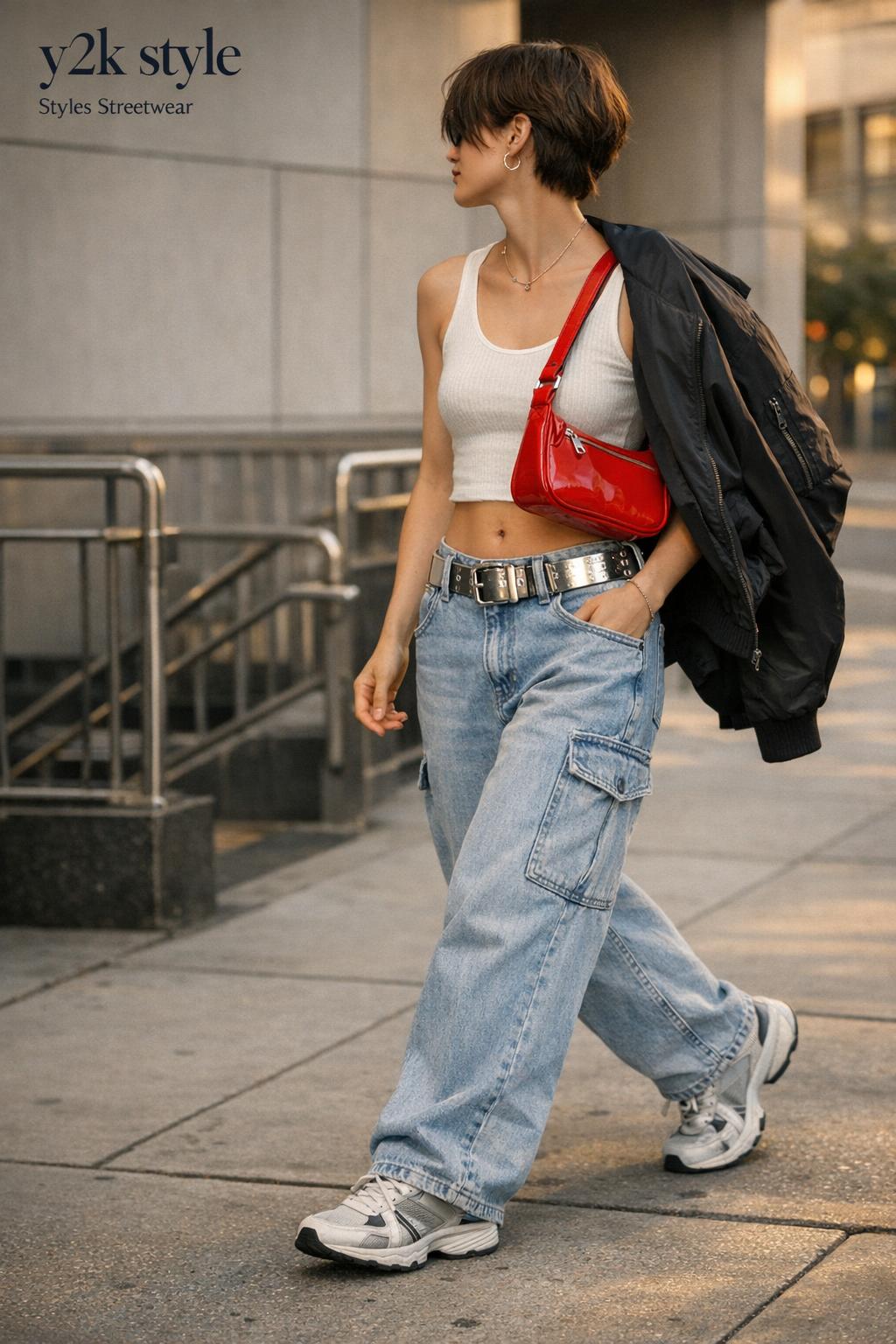 y2k style streetwear photo of a stylish young adult walking on a city sidewalk in a cropped top and baggy jeans