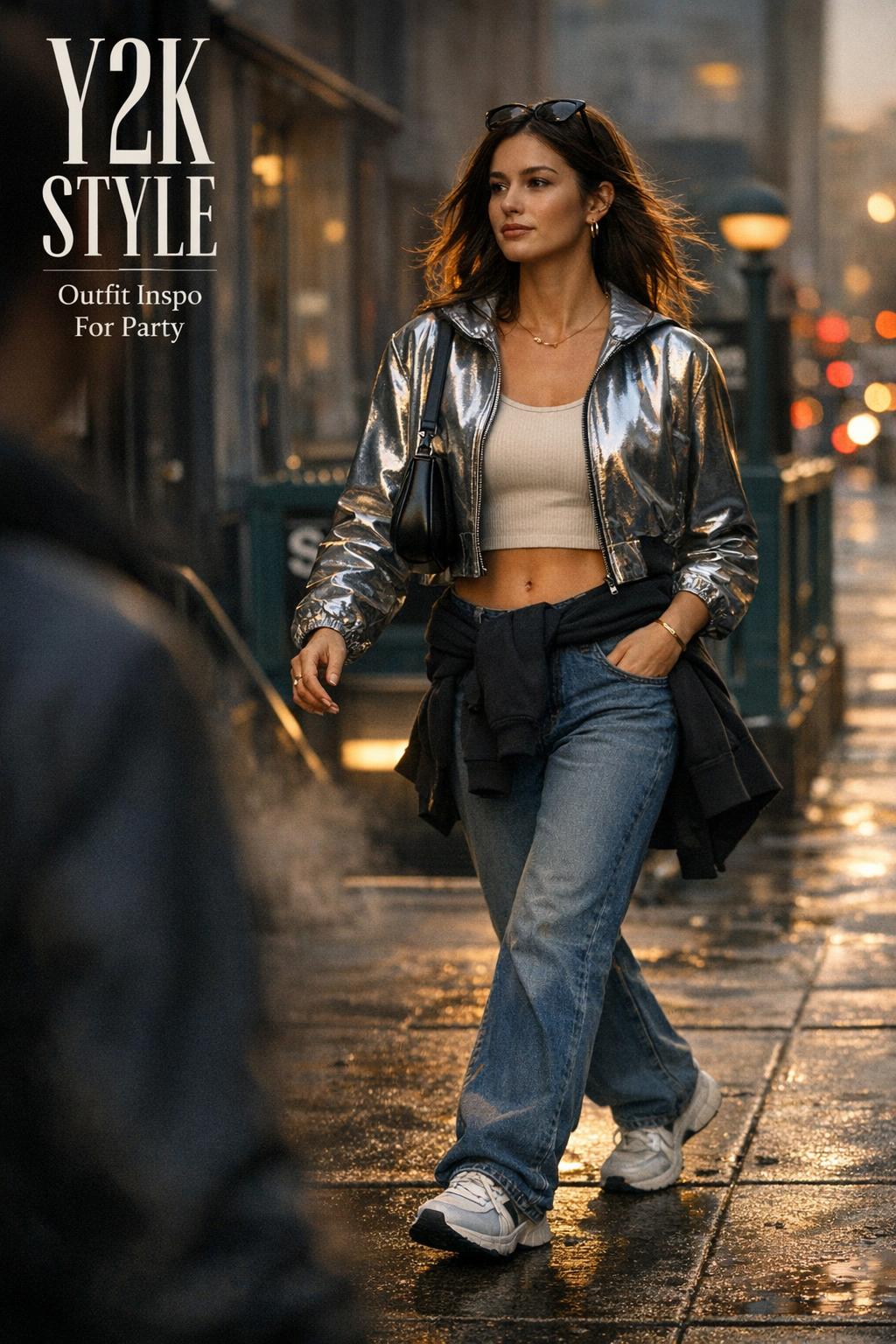 y2k style streetwear woman walking by subway entrance at golden hour with wide-leg denim and metallic mini jacket
