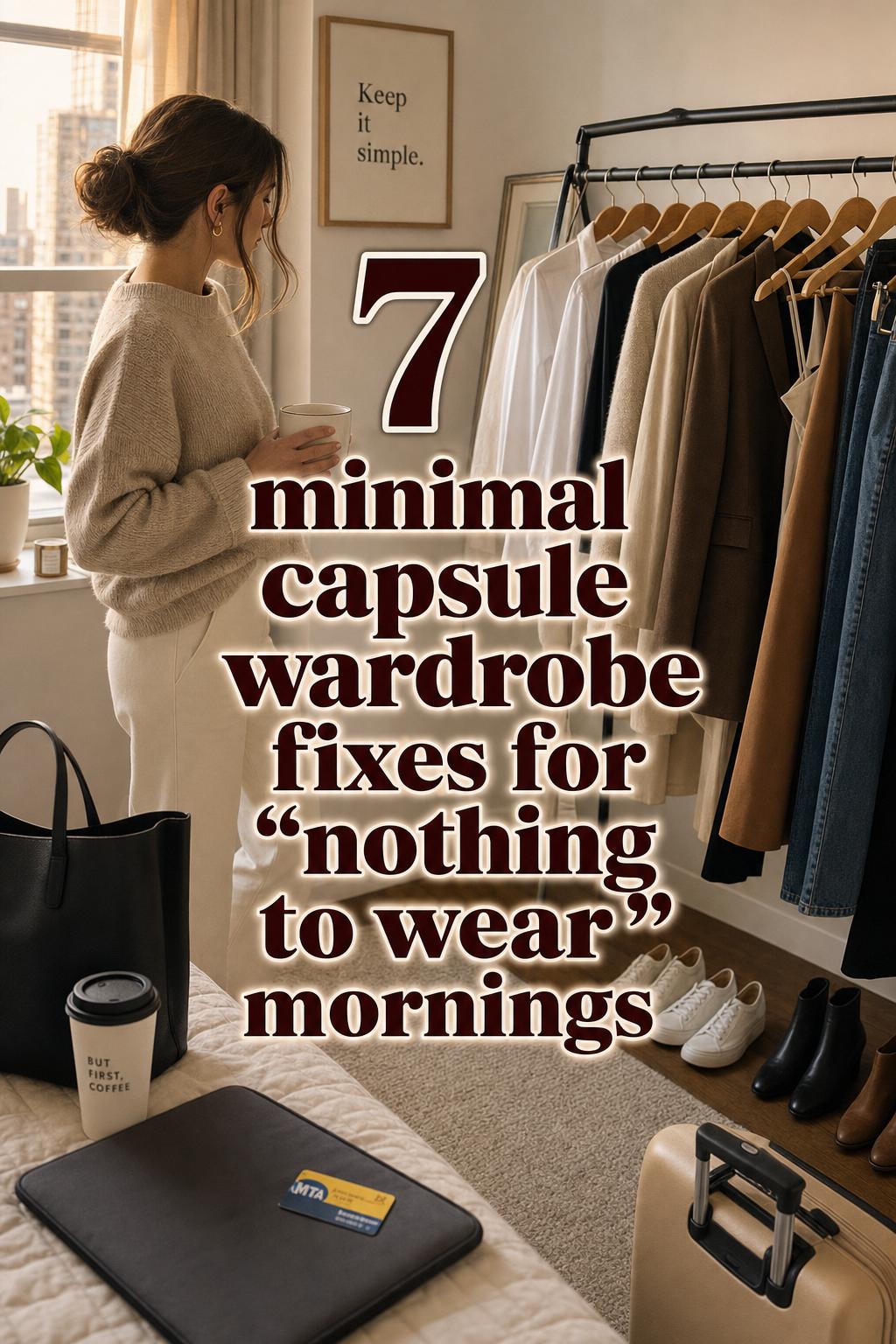 Minimal capsule wardrobe fixes text overlay on a warm lifestyle photo of a woman getting ready beside a neutral clothing rack