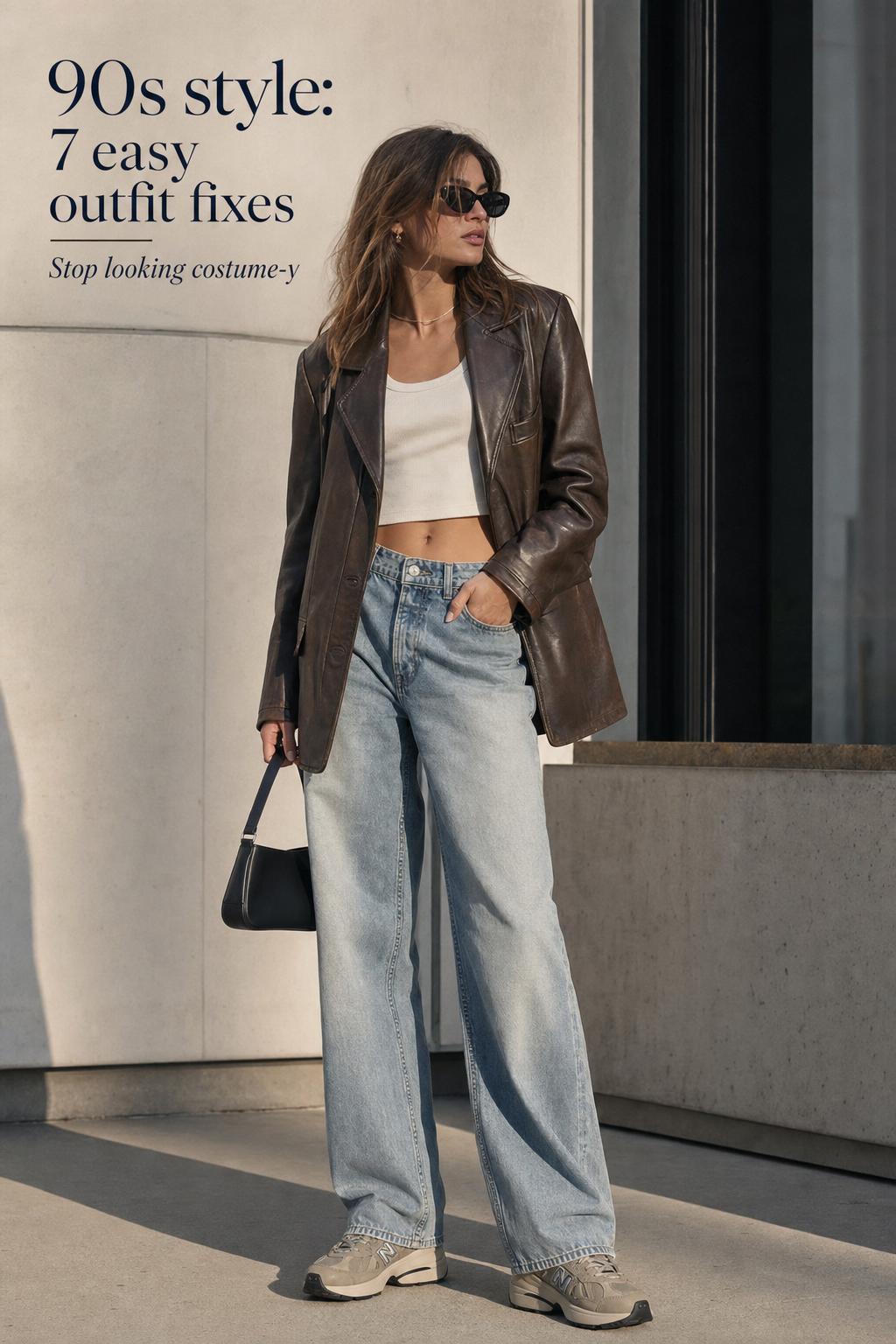 90s style editorial street photo of a confident young woman in a neutral 90s-inspired outfit with minimal text overlay