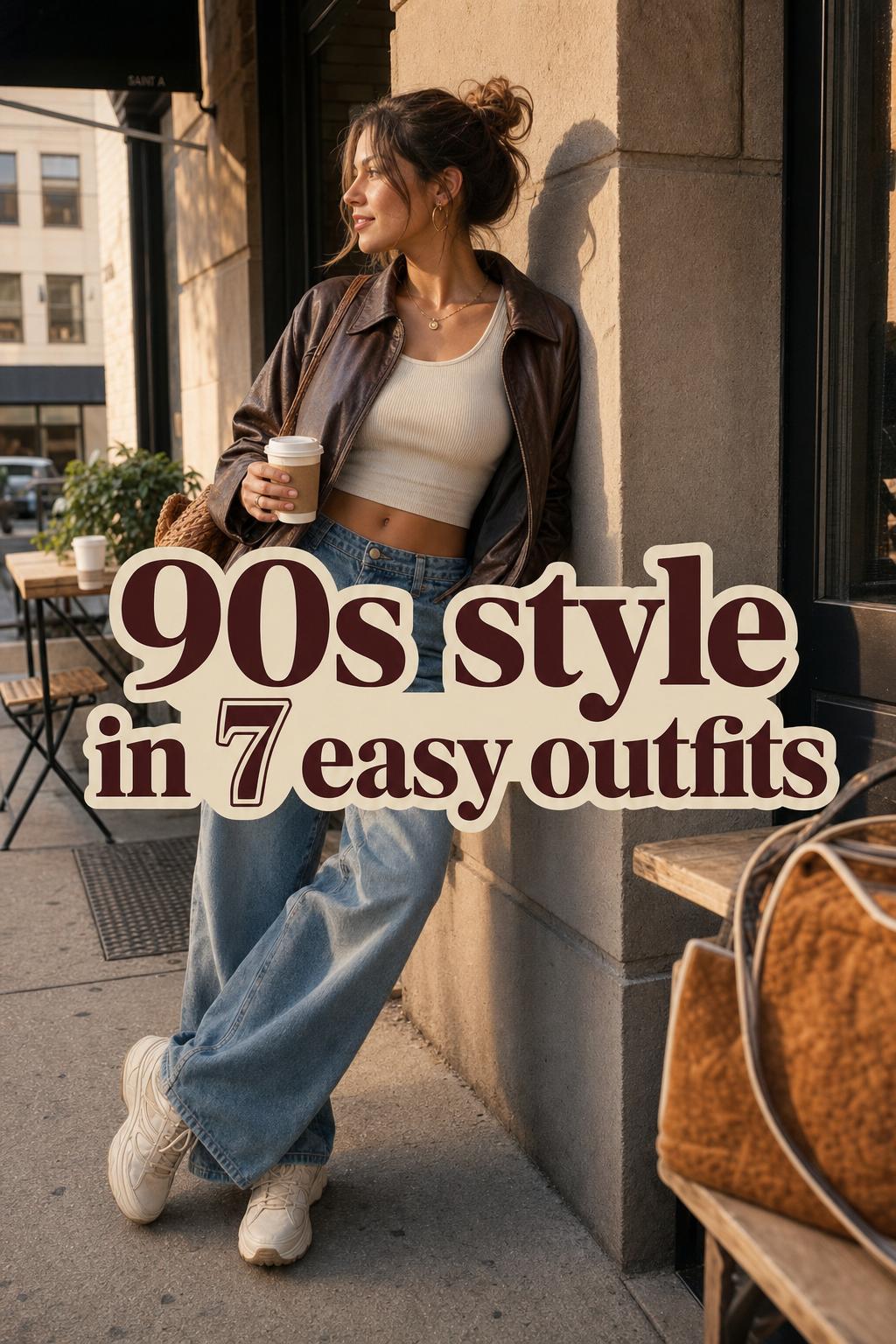 90s style outfit on a young woman leaning on a stone wall by a city cafe in warm golden-hour light