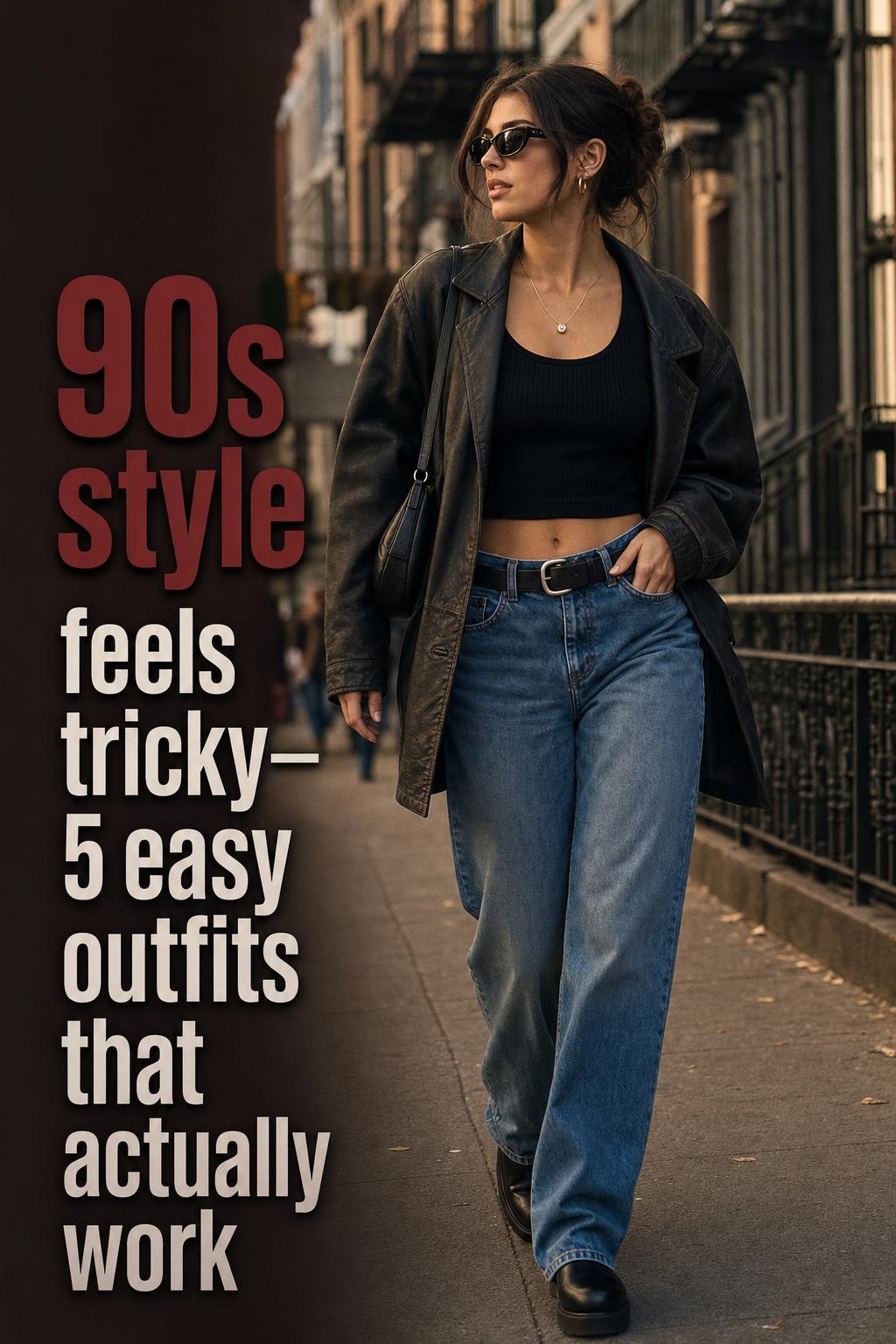 90s style fashion editorial of a woman walking a city street in slip dress and leather jacket with bold overlay text