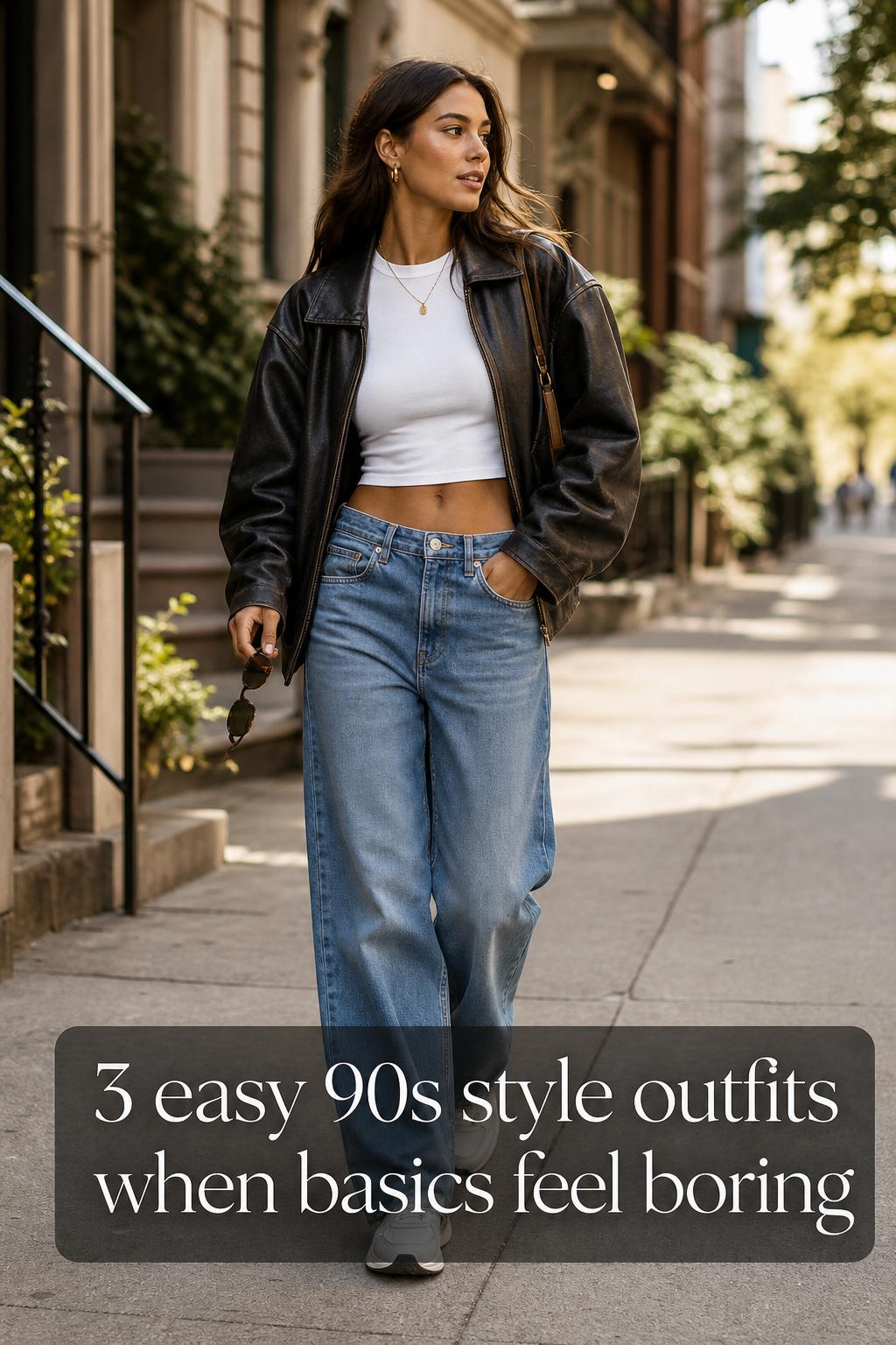 90s style street outfit: woman in wide-leg jeans, white crop top and leather jacket walking in golden-hour city street