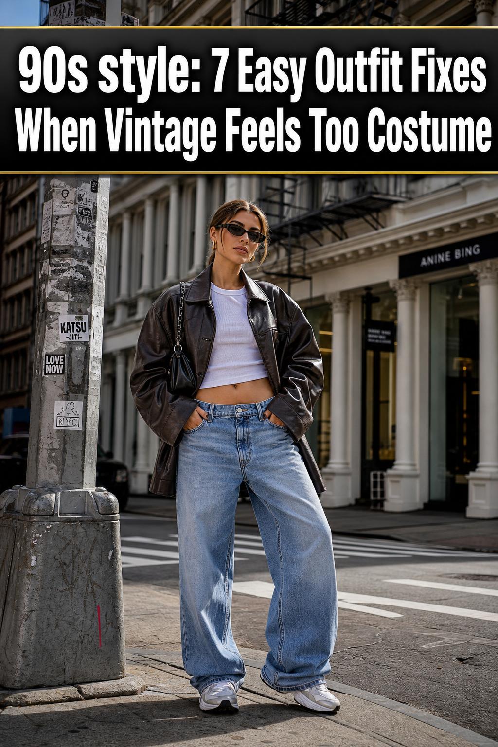 90s style fashion photo of a model in a denim jacket and high-waisted jeans on a city street