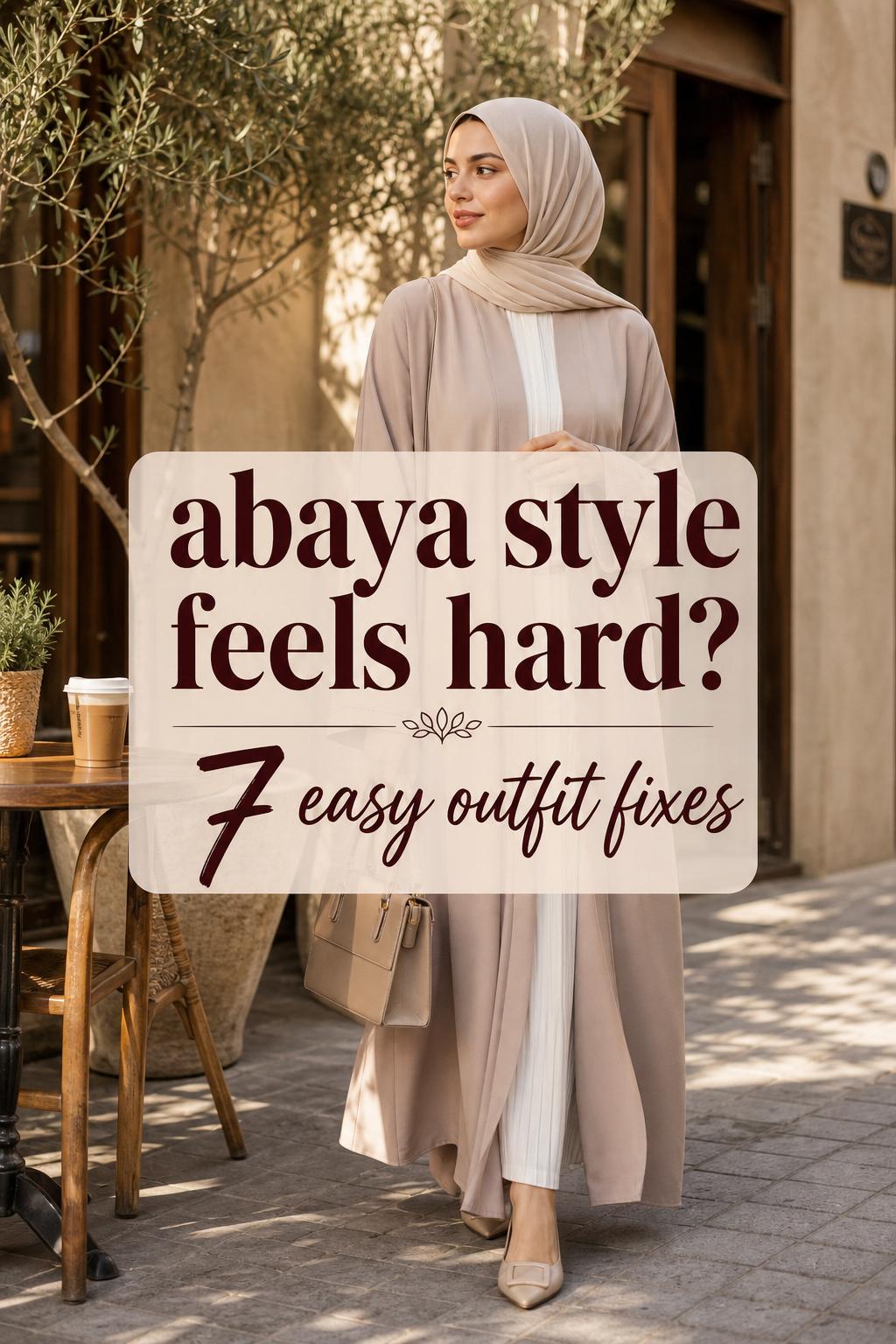 Woman in modern abaya style outfit in warm morning light with Pinterest text overlay about 7 easy outfit fixes