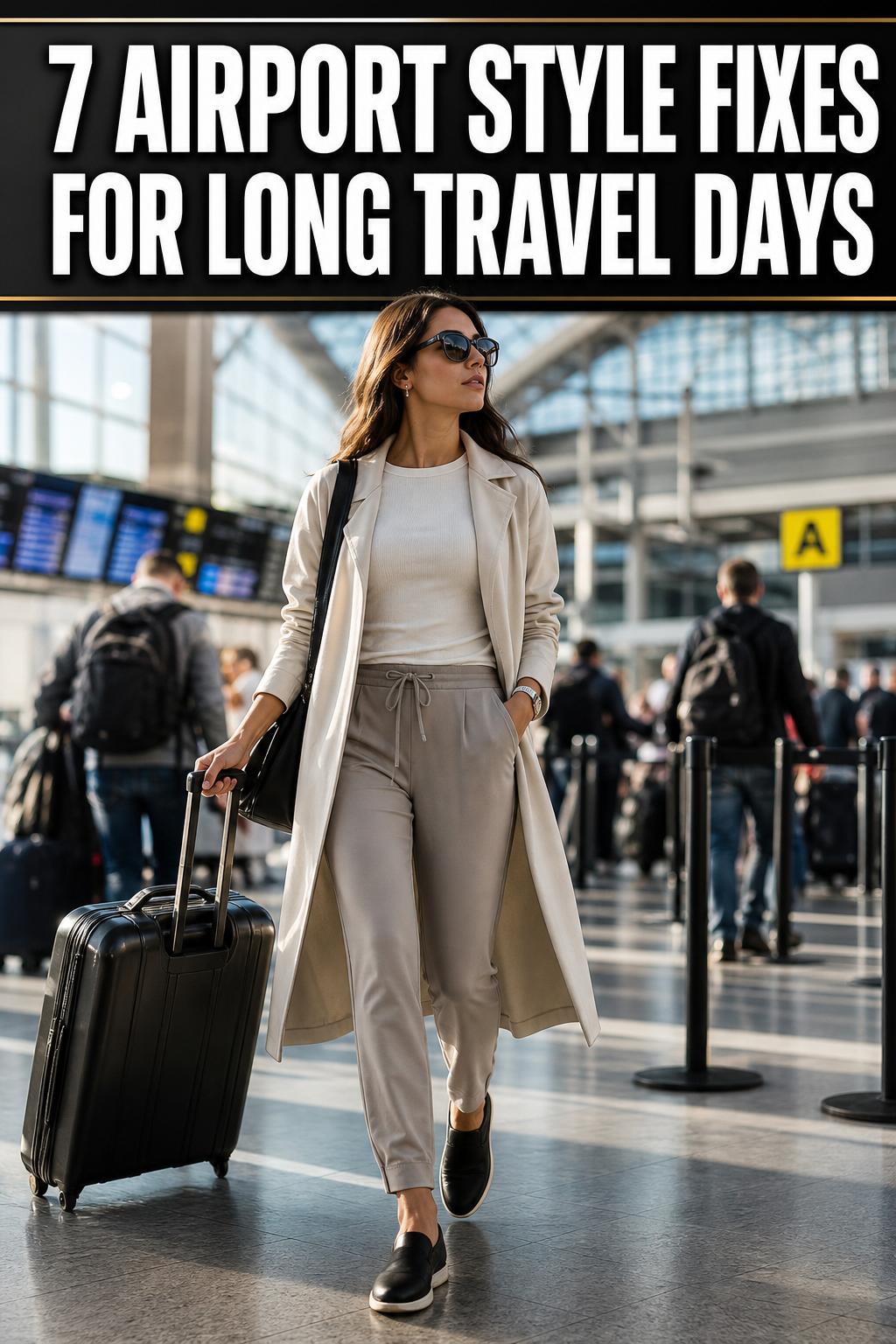 Airport style outfit with chic travel look in a bright terminal