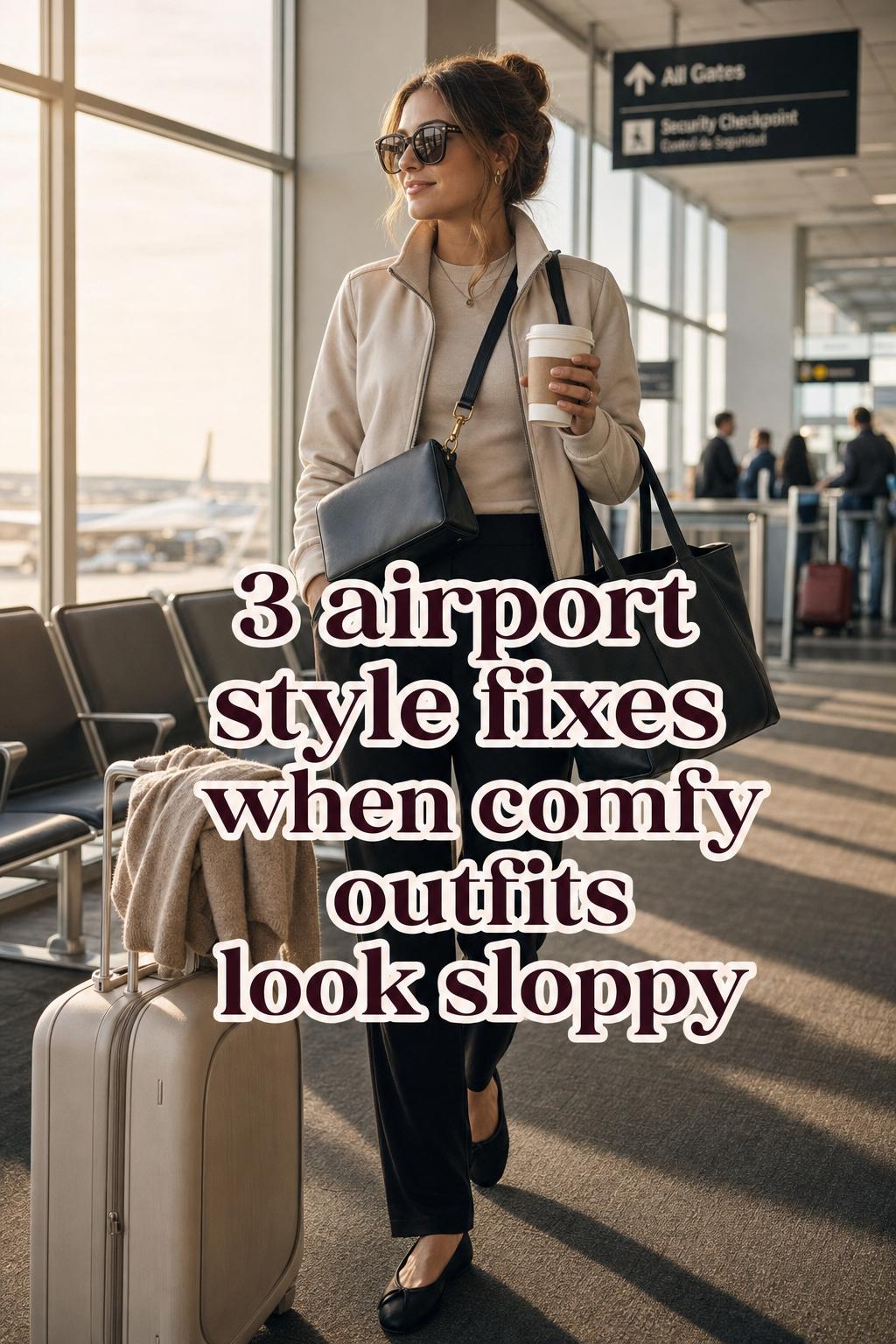 Airport style fixes text overlay on stylish woman in modern terminal wearing monochrome outfit with tote and crossbody