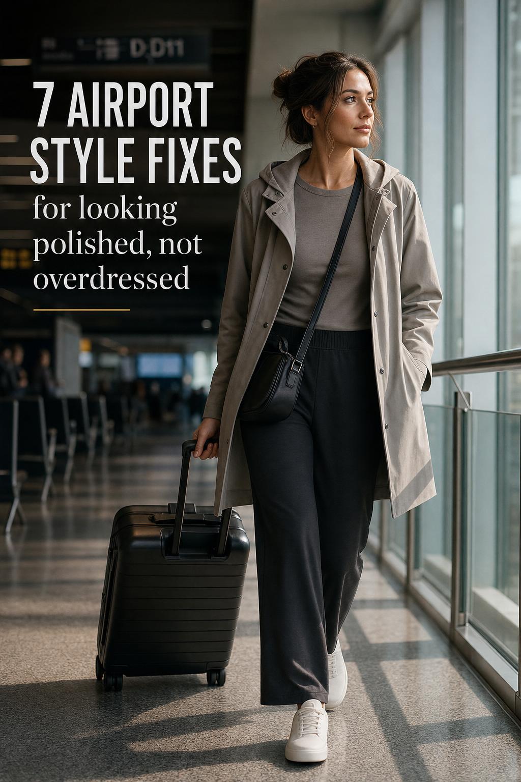 Airport style in a modern terminal: stylish woman in neutral layers walking by windows with carry-on and text overlay