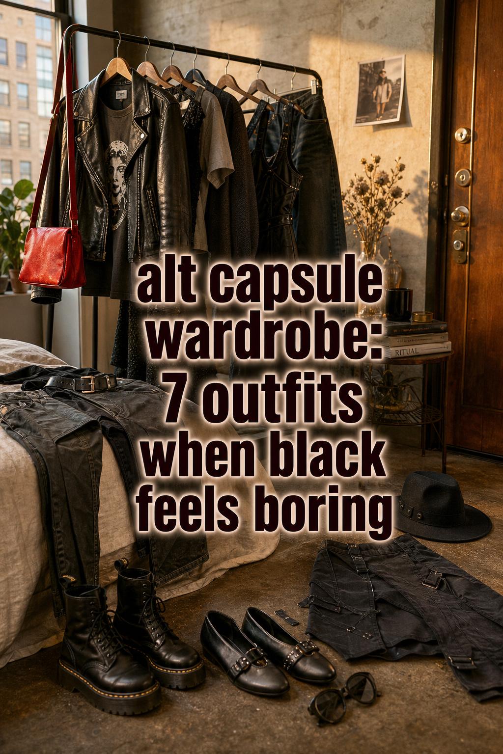 Alt capsule wardrobe with black and charcoal outfits on a clothing rack in a cozy golden-hour loft entryway