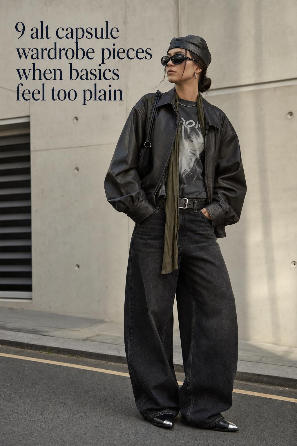 Alt capsule wardrobe editorial with leather jacket, wide-leg dark denim, graphic tee, boots, and minimalist city backdrop