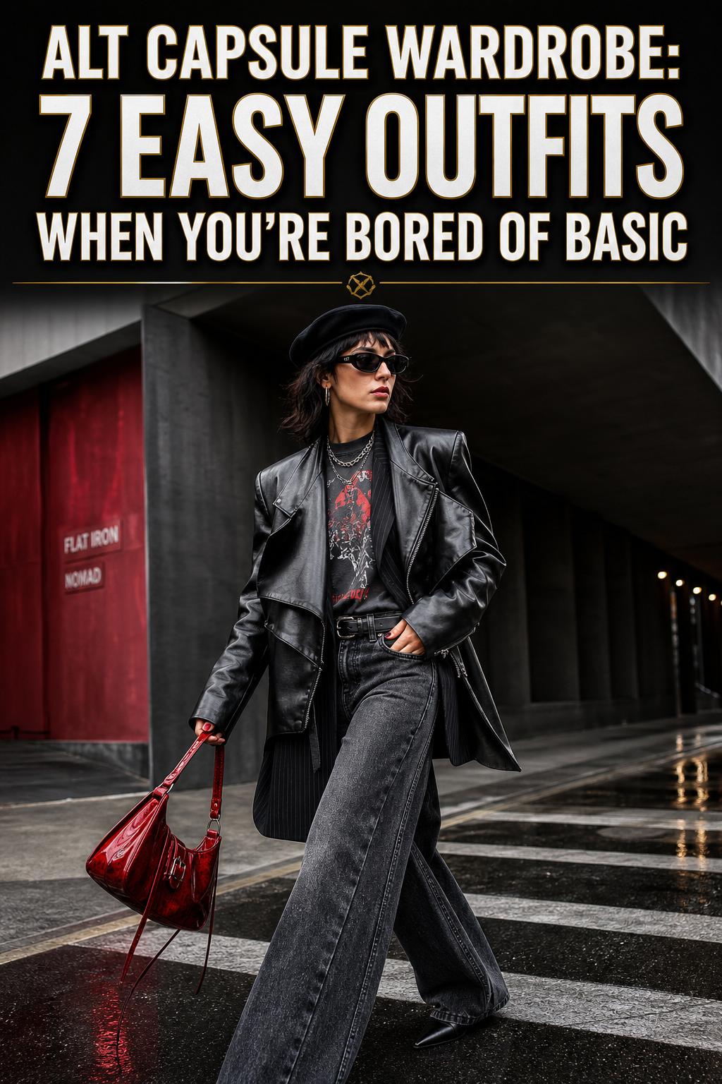 Alt capsule wardrobe with neutral tops, jeans, and layered essentials arranged neatly on a bed for easy outfit planning