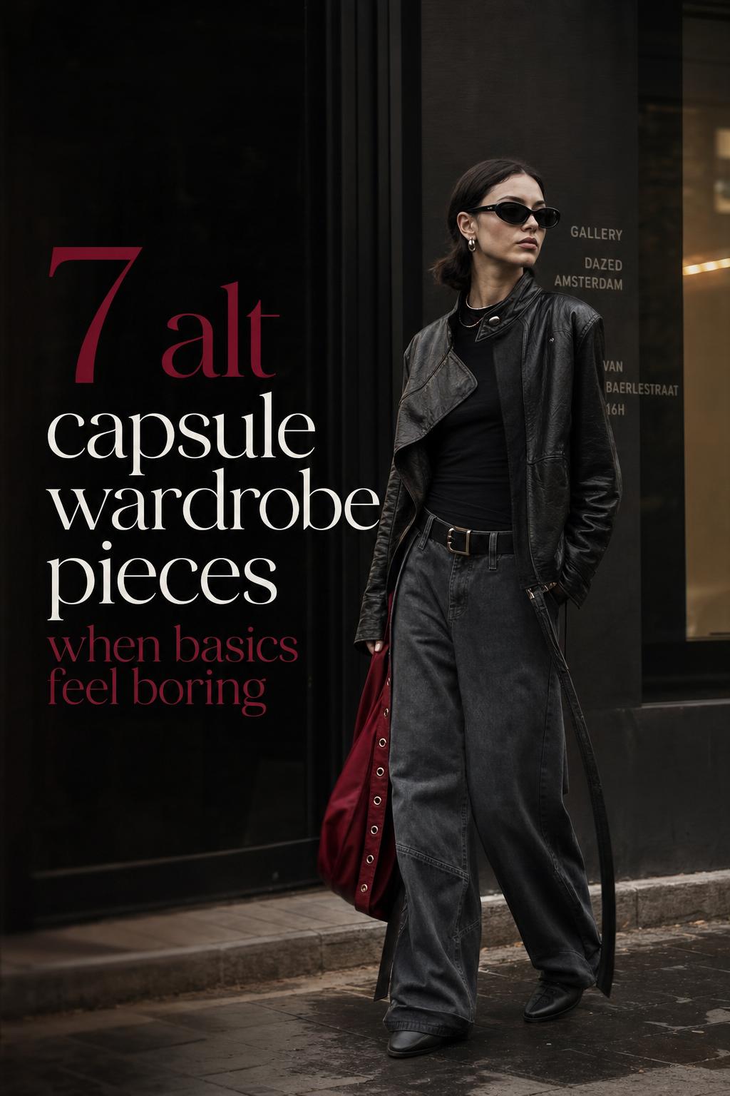 Alt capsule wardrobe street style portrait of a confident woman in black leather jacket and dark trousers outside a modern gallery