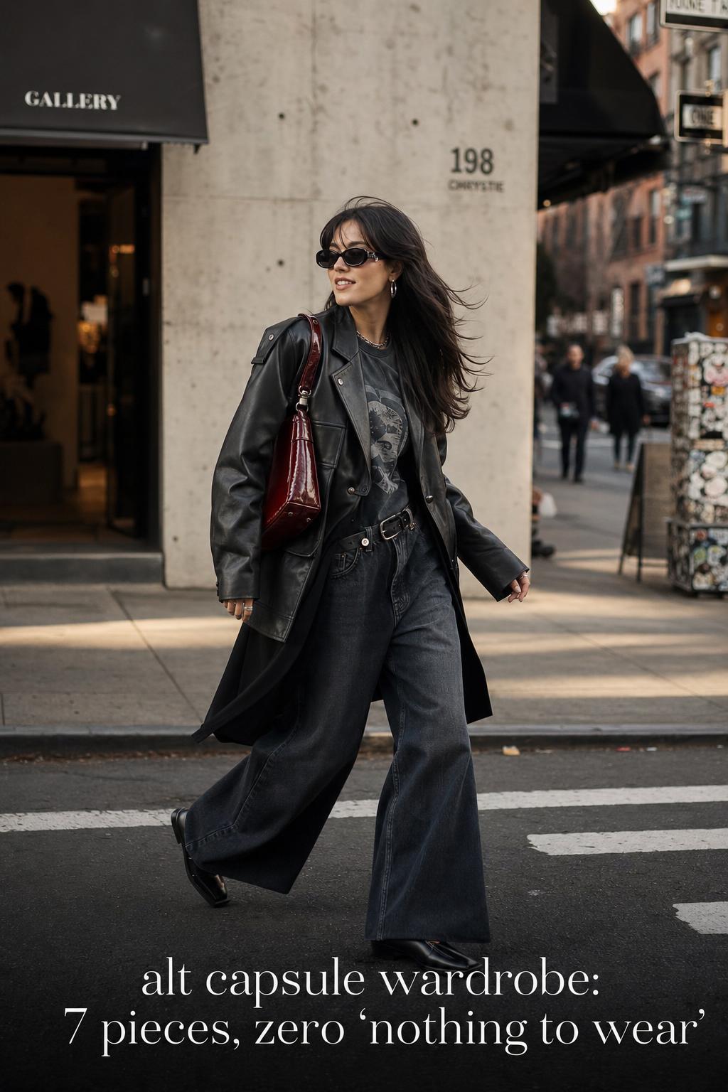 Alt capsule wardrobe street style: young woman in black leather jacket and wide-leg denim walking at golden hour