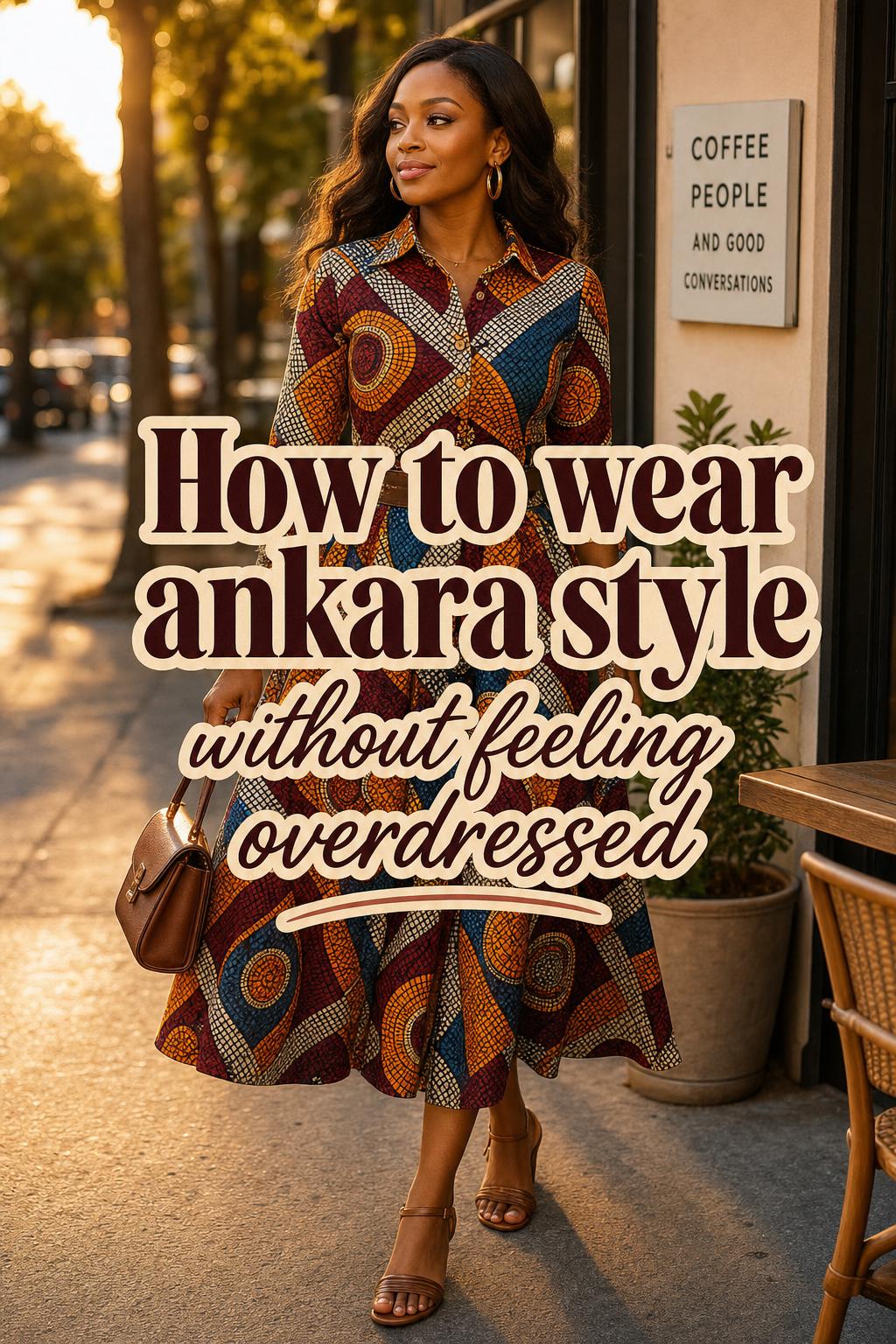 Confident woman in ankara style shirt dress at golden-hour city street with bold Pinterest text overlay
