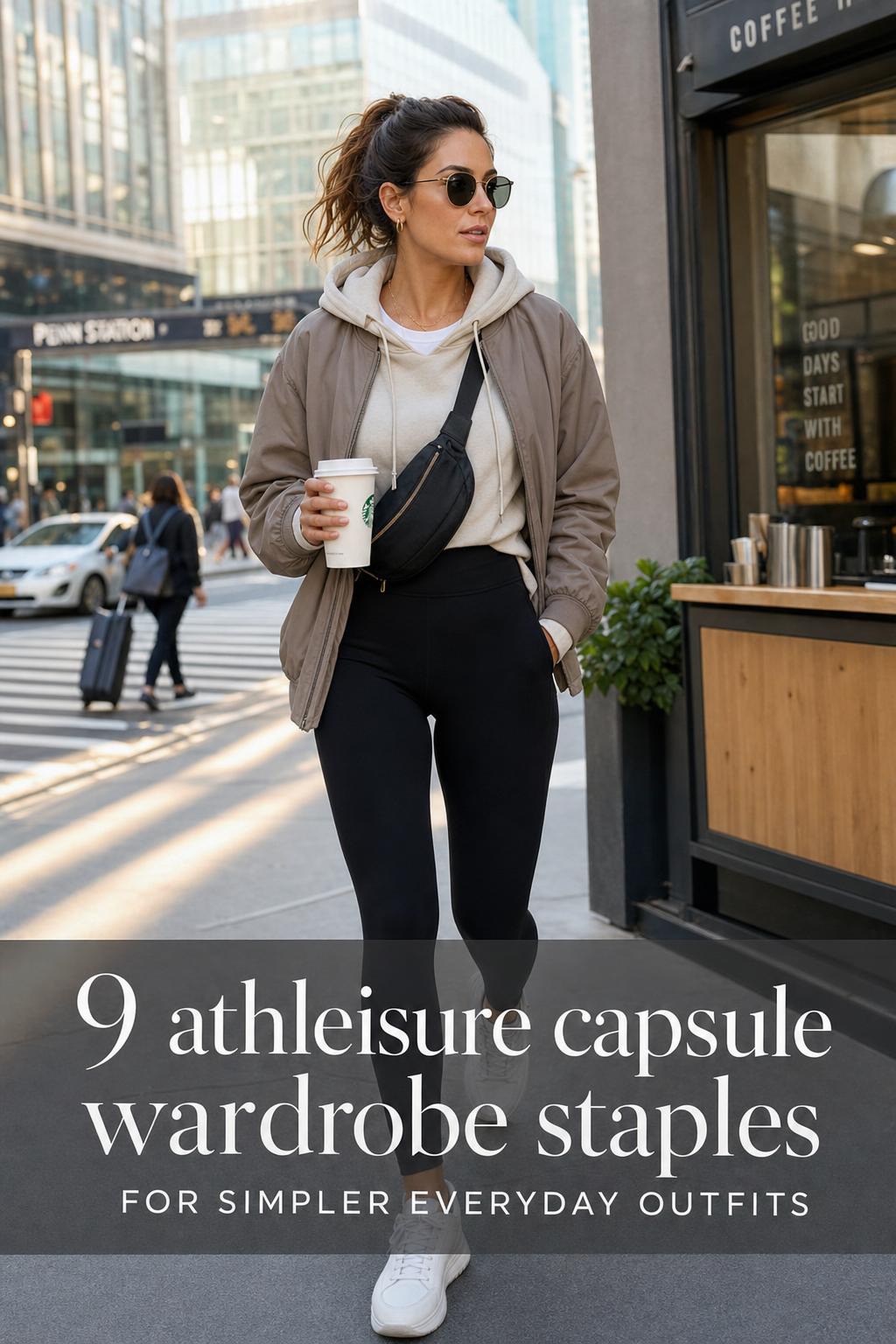 Modern woman walking in city street wearing neutral layers, showcasing an athleisure capsule wardrobe for busy mornings
