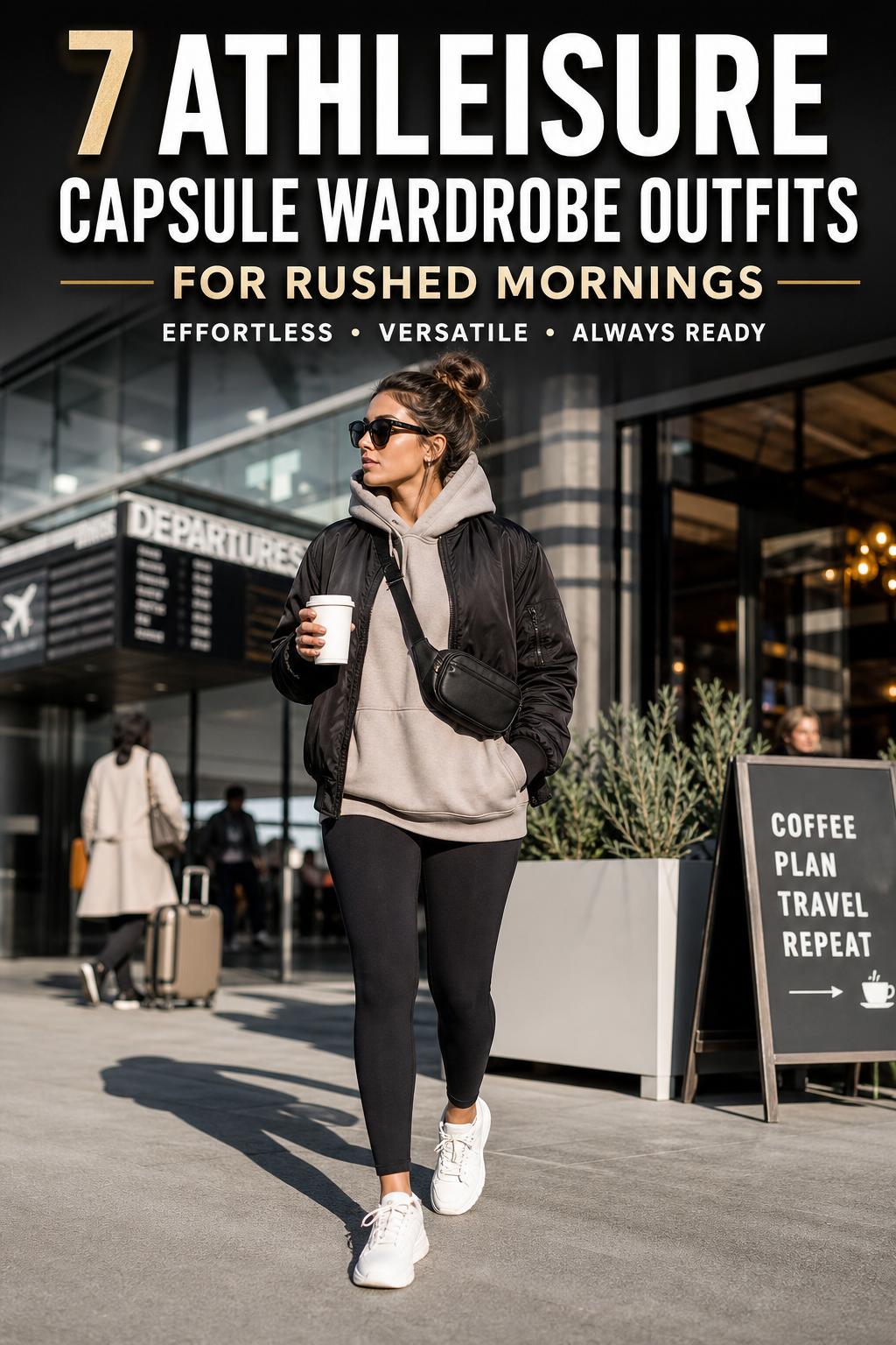 Athleisure capsule wardrobe essentials neatly arranged on a bed with sneakers, leggings, and a neutral hoodie